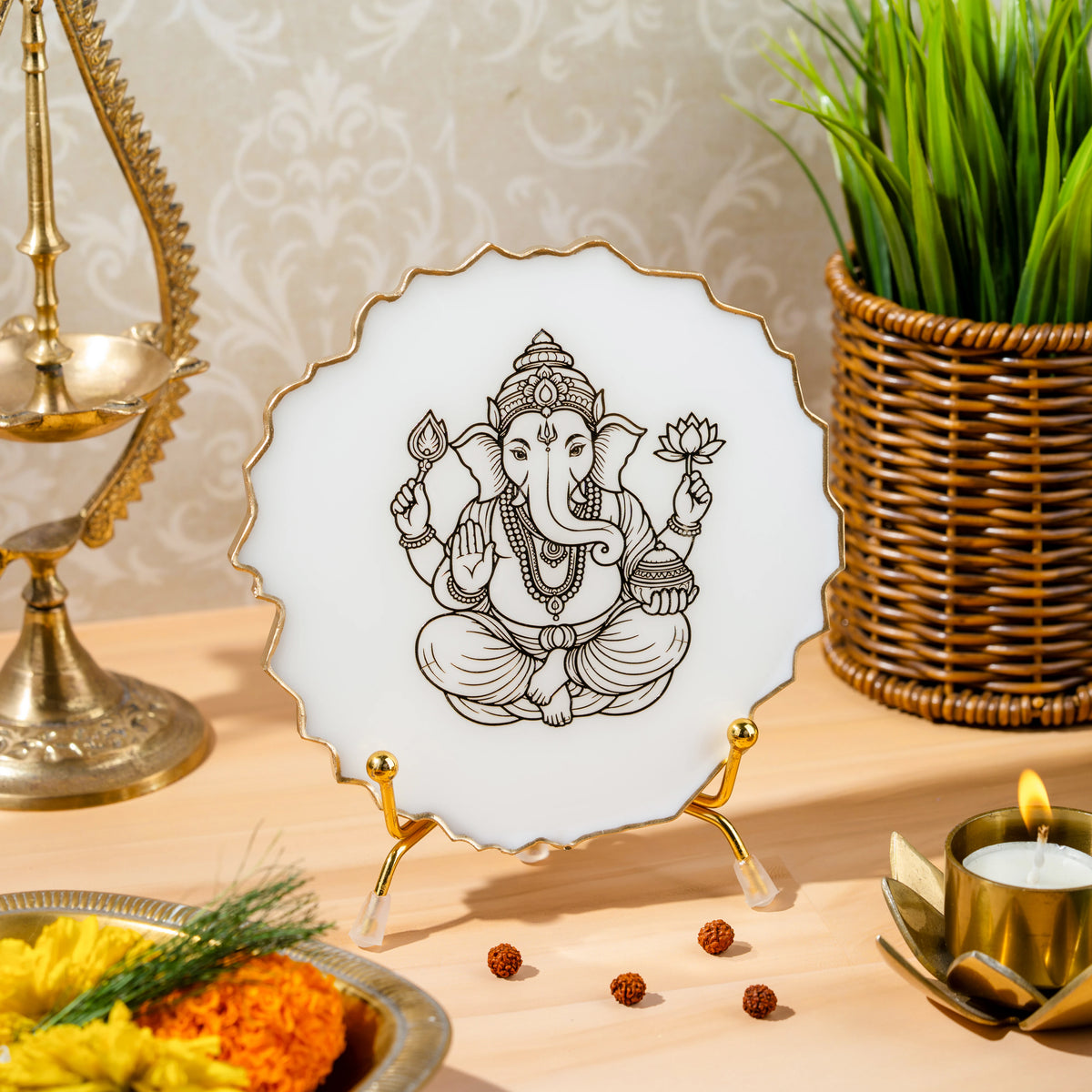 Handcrafted Resin Ganpati Metal Stand with Metallic Gold Sticker