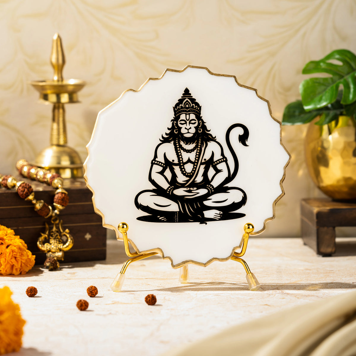 Handcrafted Resin Hanuman Ji Metal Stand with Metallic Gold Sticker