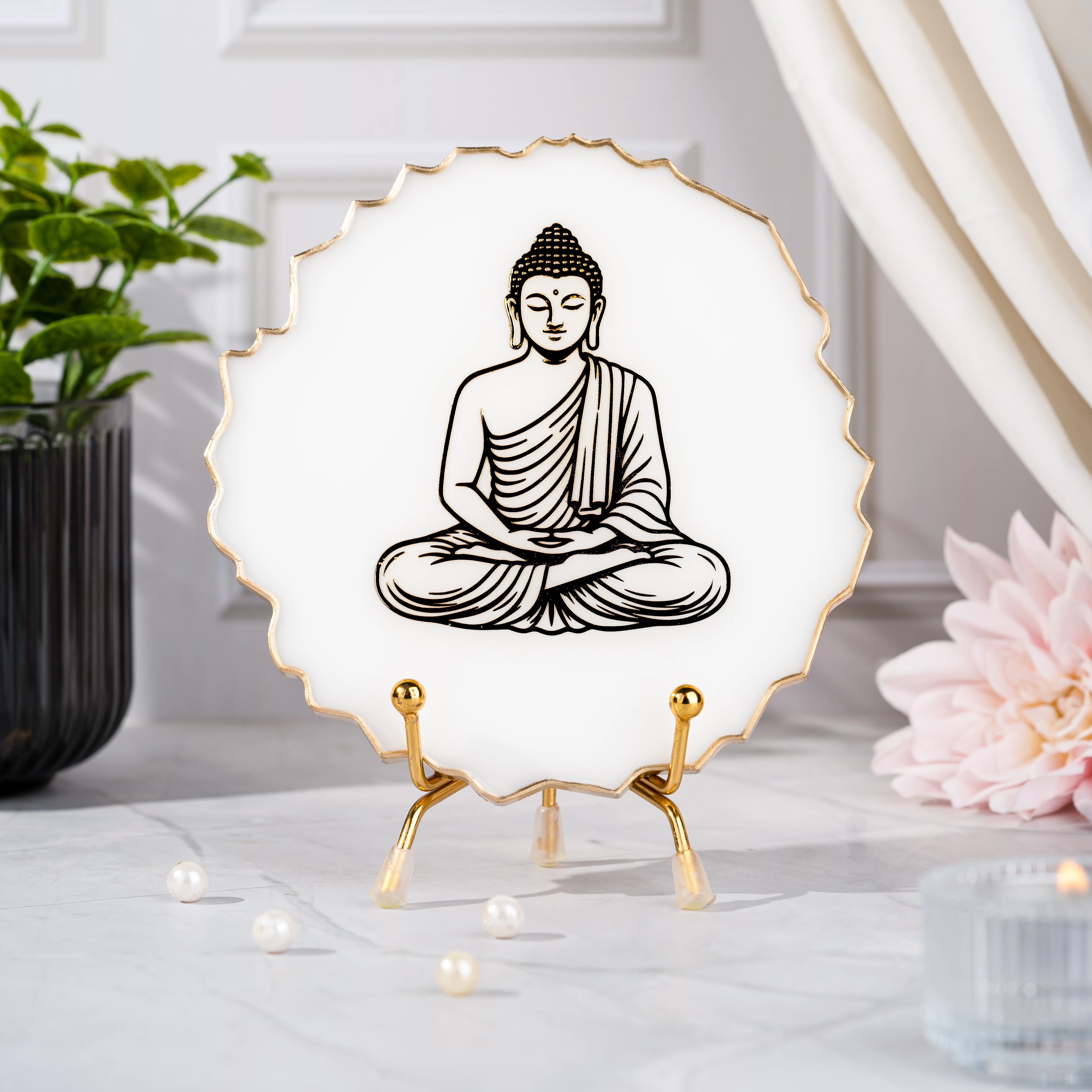 Handcrafted Resin Buddha Metal Stand with Metallic Gold Sticker
