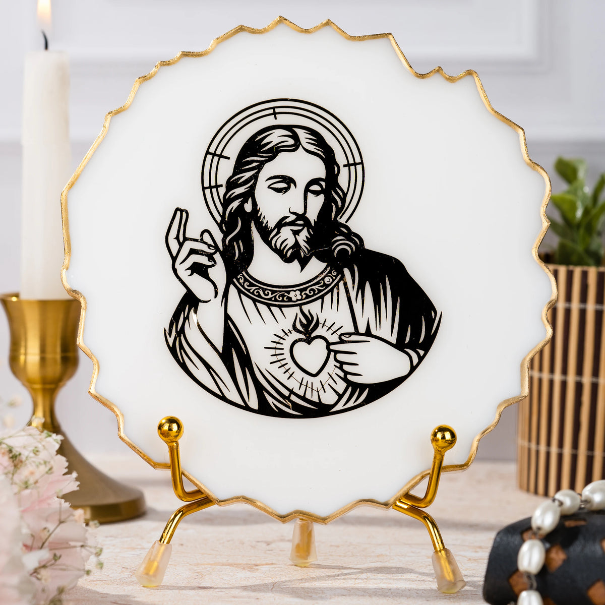 Handcrafted Resin Jesus Christ Metal Stand with Metallic Gold Sticker