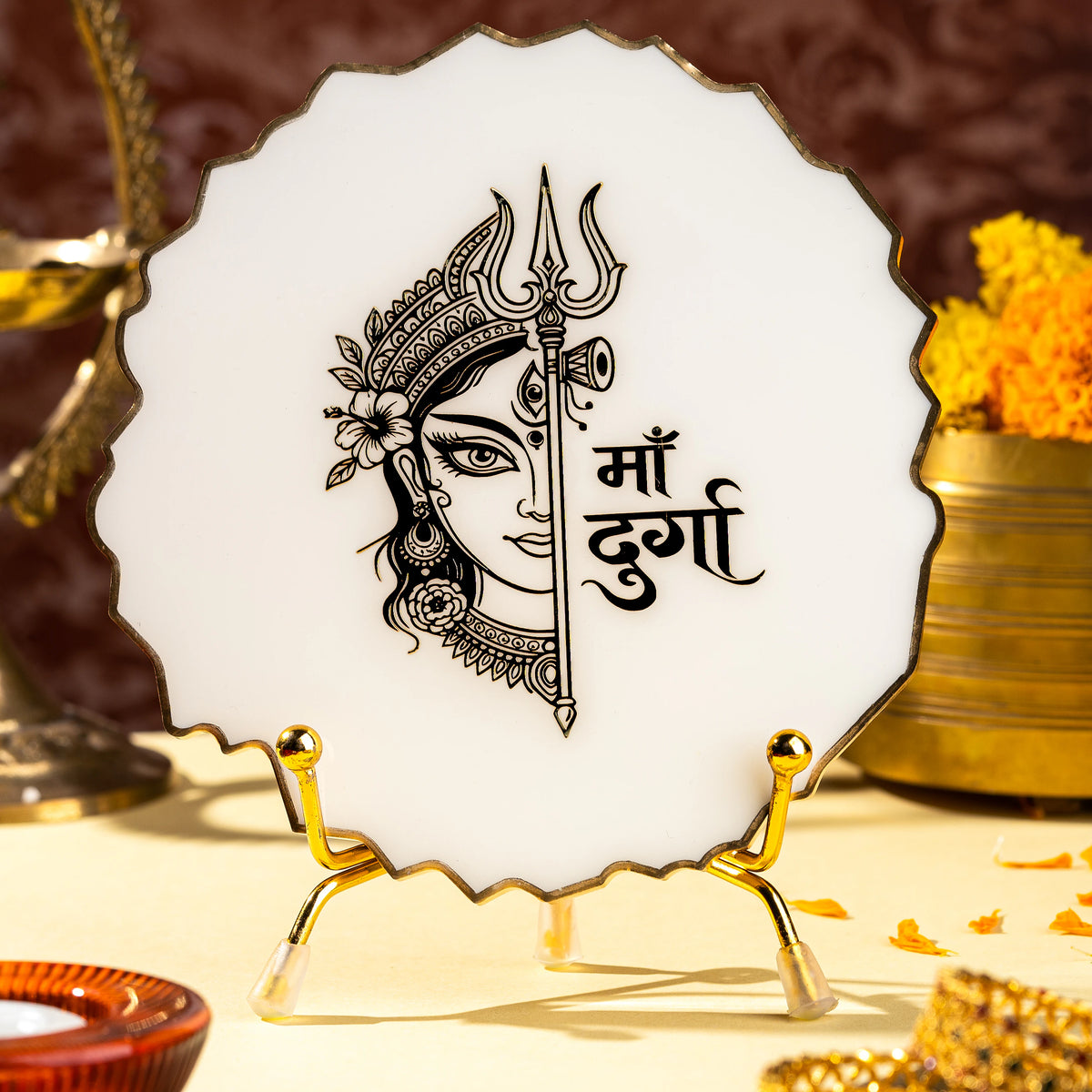 Handcrafted Resin Durga Ma Metal Stand with Metallic Gold Sticker - Spiritual Pooja Room Decor