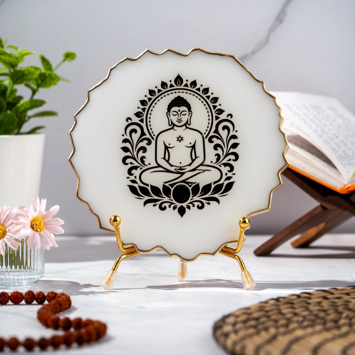 Handcrafted Resin Mahavir Swami Metal Stand with Metallic Gold Sticker