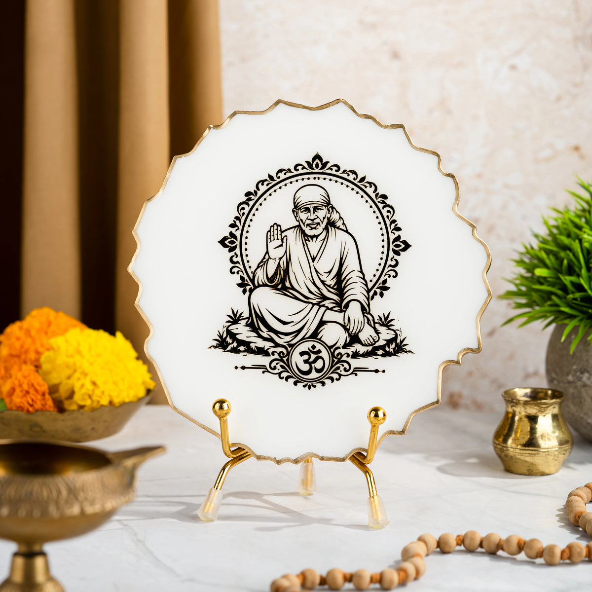 Handcrafted Resin Sai Baba Metal Stand with Metallic Gold Sticker