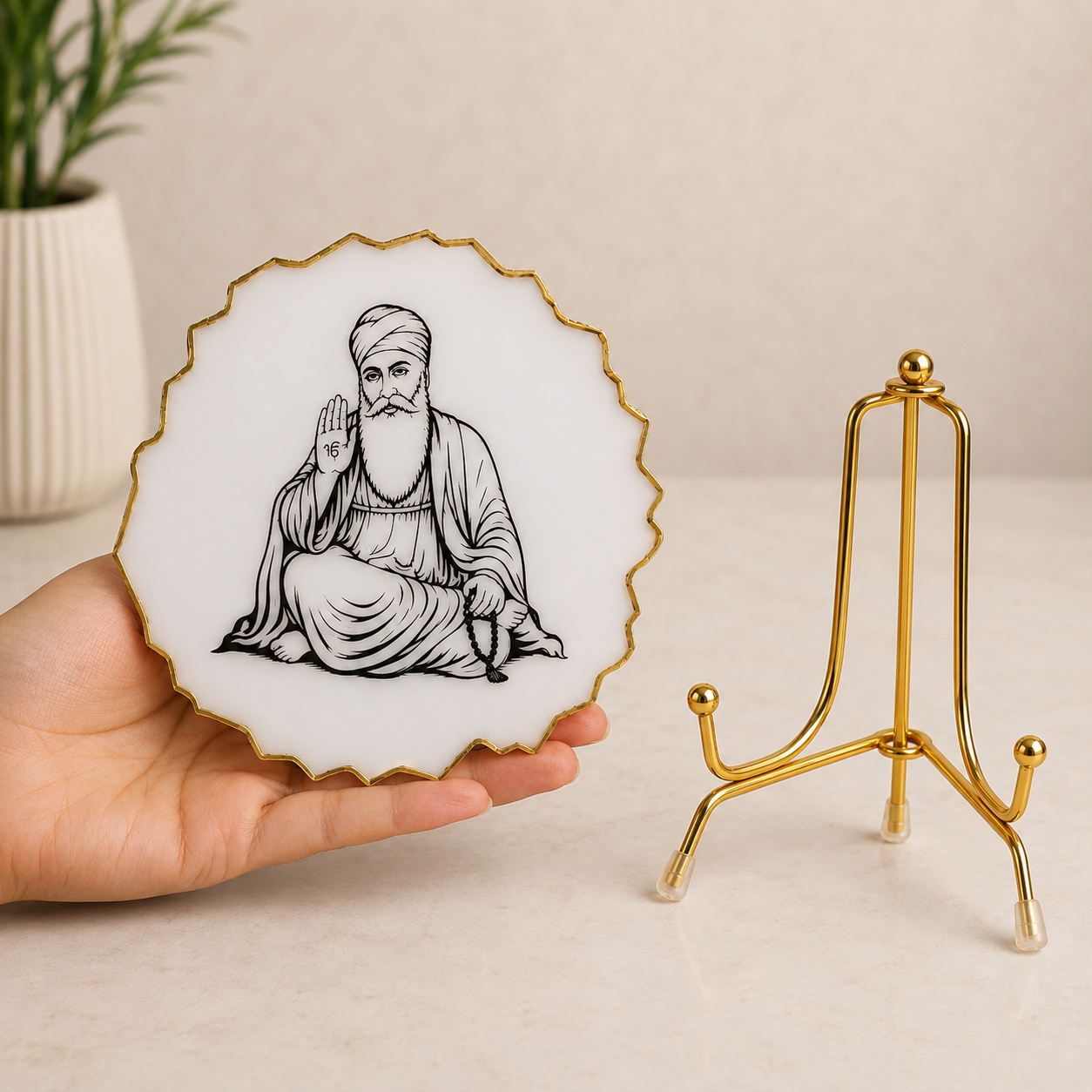 Handcrafted Resin Guru Nanak Metal Stand with Metallic Gold Sticker