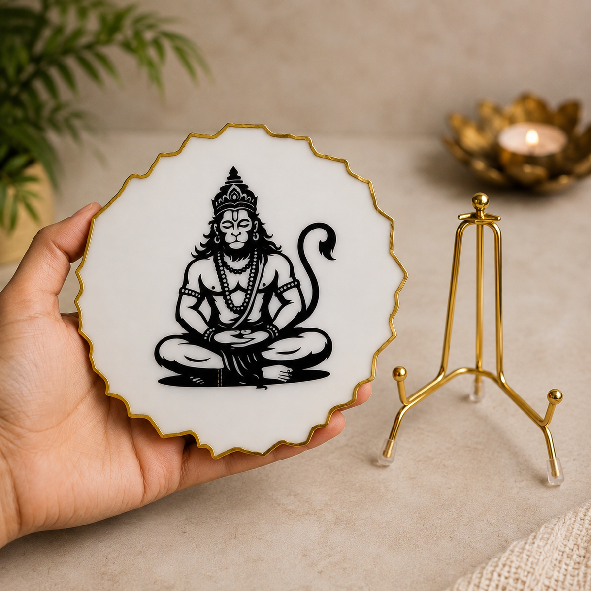 Handcrafted Resin Hanuman Ji Metal Stand with Metallic Gold Sticker