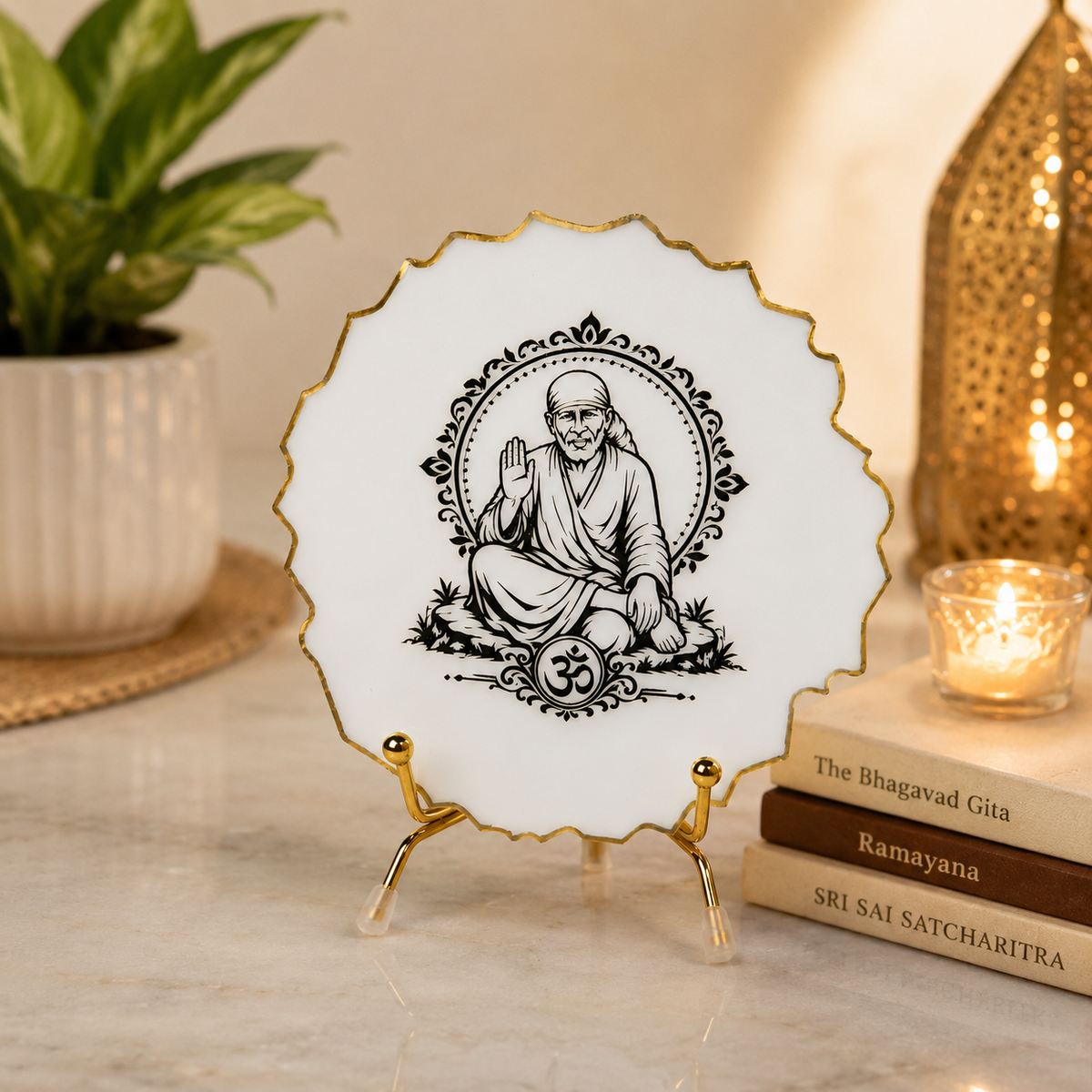 Handcrafted Resin Sai Baba Metal Stand with Metallic Gold Sticker