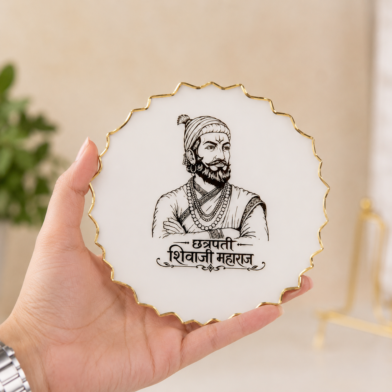 Handcrafted Resin Shivaji Maharaj Metal Stand with Metallic Gold Sticker
