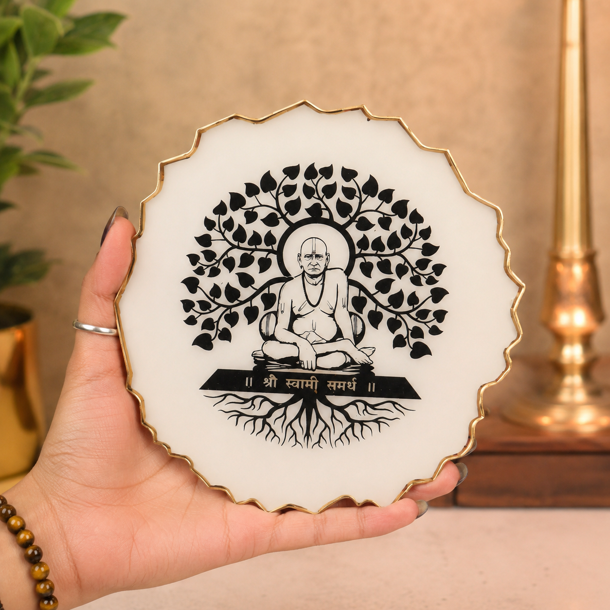 Handcrafted Resin Swami Samarth Metal Stand with Metallic Gold Sticker