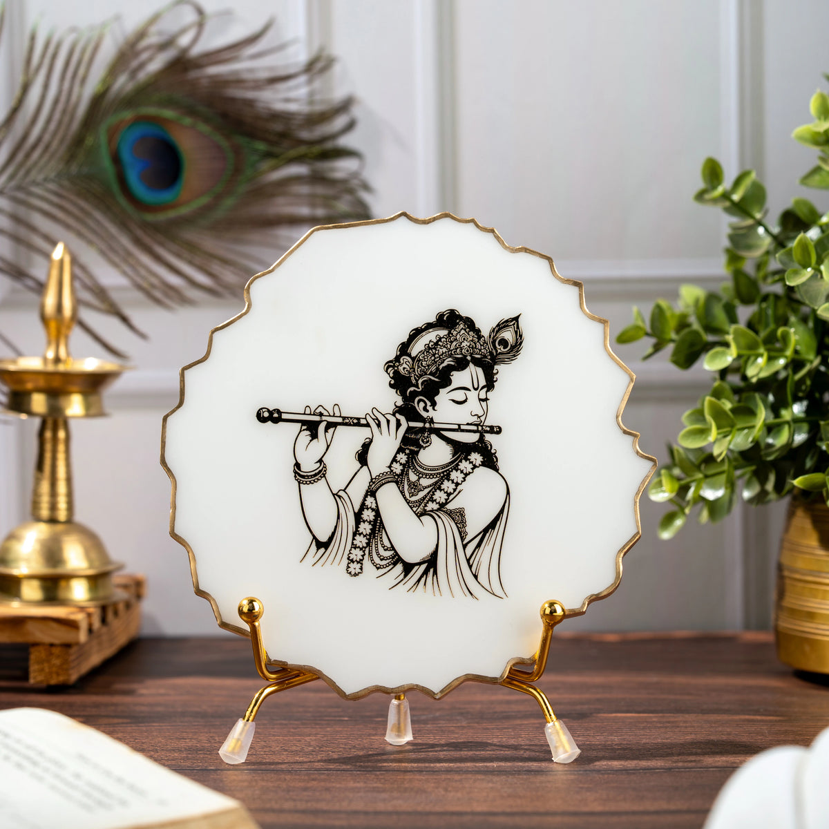 Handcrafted Resin Hare Krishna Metal Stand with Metallic Gold Sticker