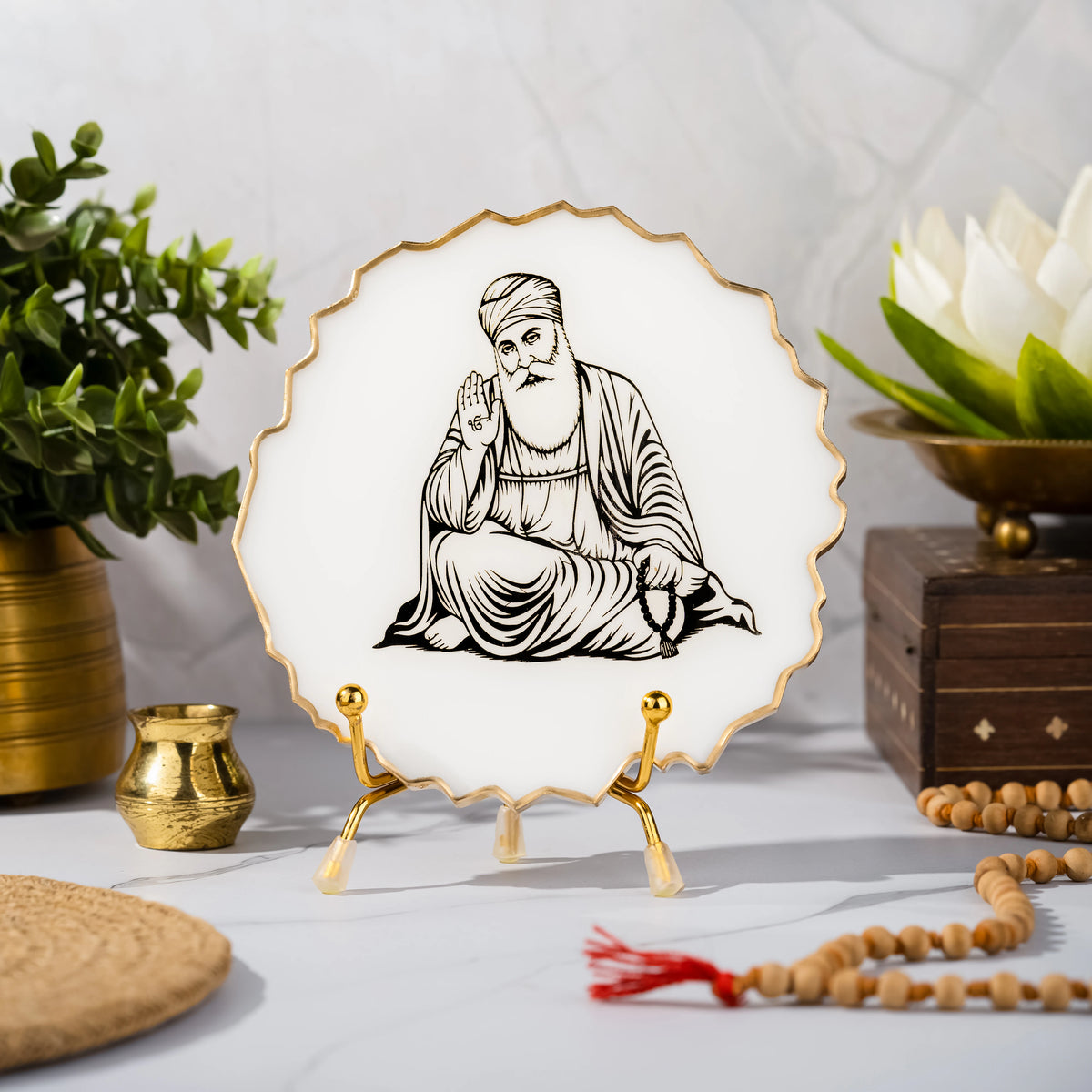 Handcrafted Resin Guru Nanak Metal Stand with Metallic Gold Sticker
