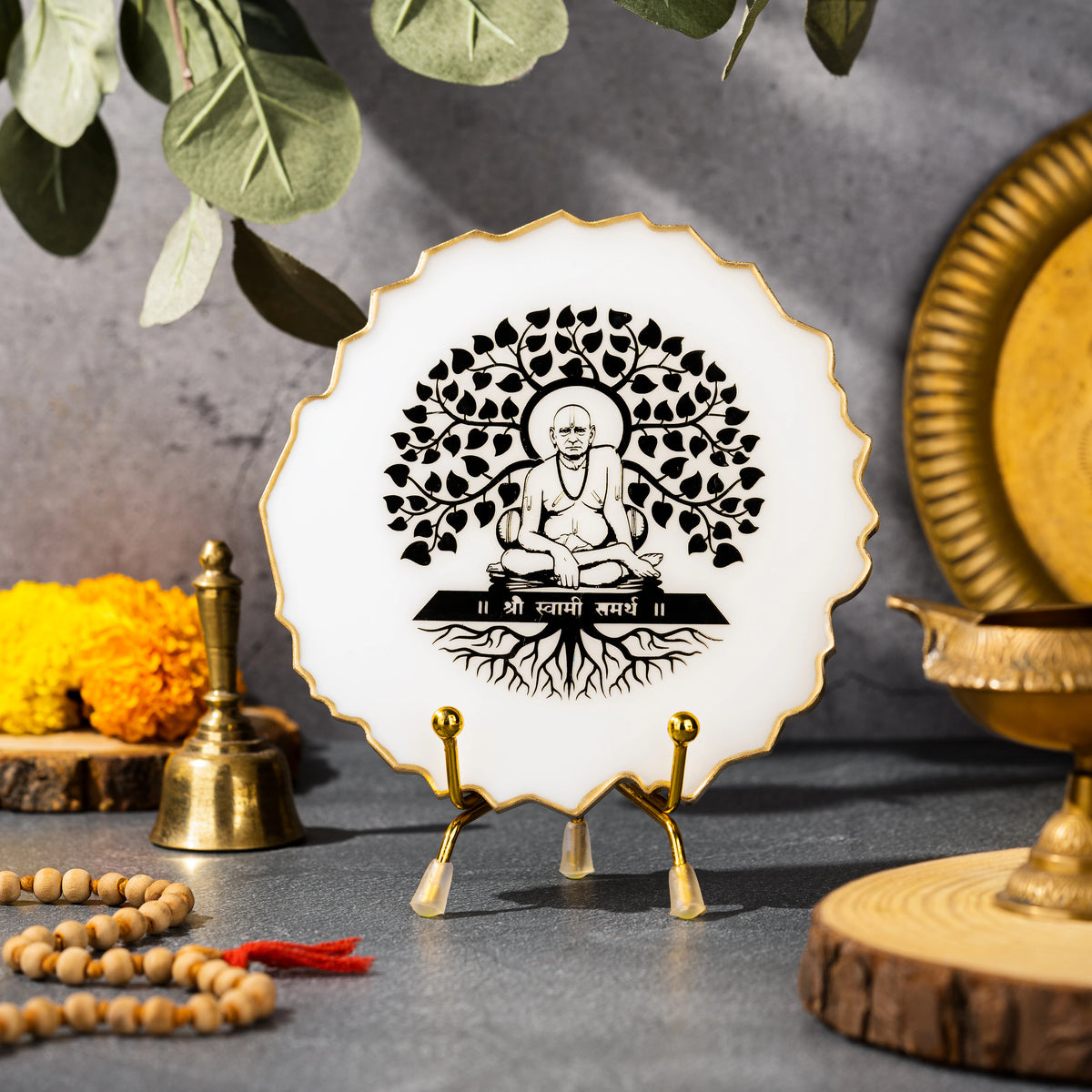 Handcrafted Resin Swami Samarth Metal Stand with Metallic Gold Sticker