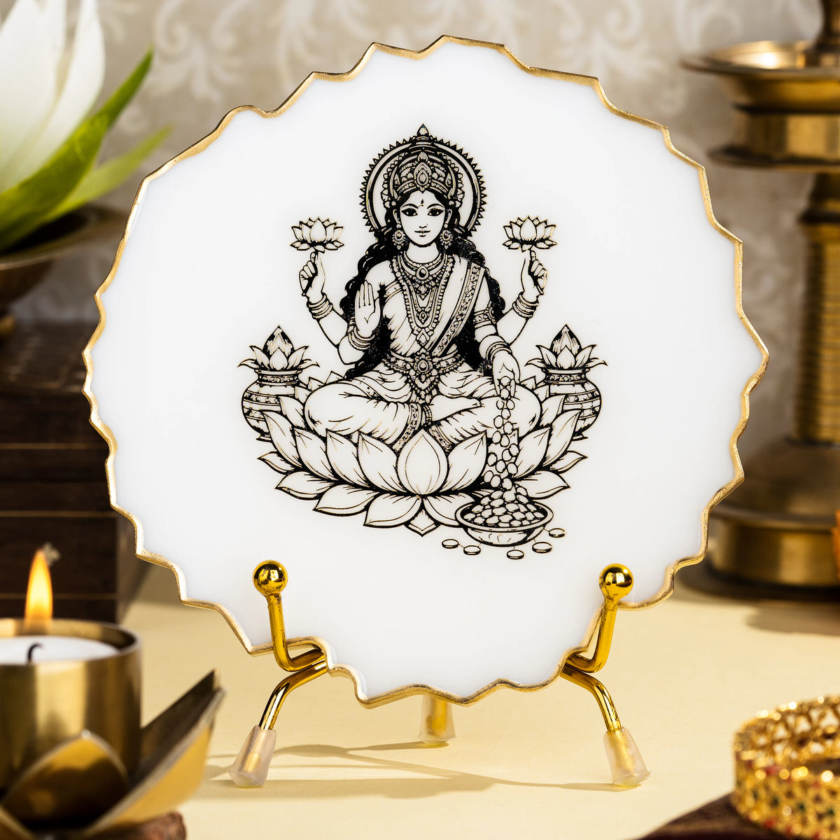 Handcrafted Resin Laxmi Mata Metal Stand with Metallic Gold Sticker