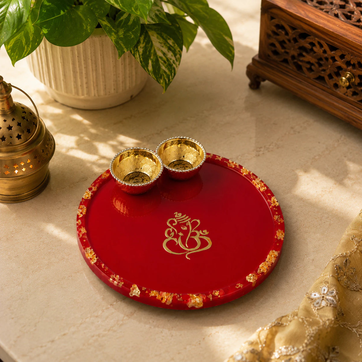 Handcrafted Resin Ganesh Puja Thali with Gold Flakes and Metallic Gold Sticker – Decorative Thali for Diwali, Ganesh Chaturthi, Gifts & Daily Puja | 4"