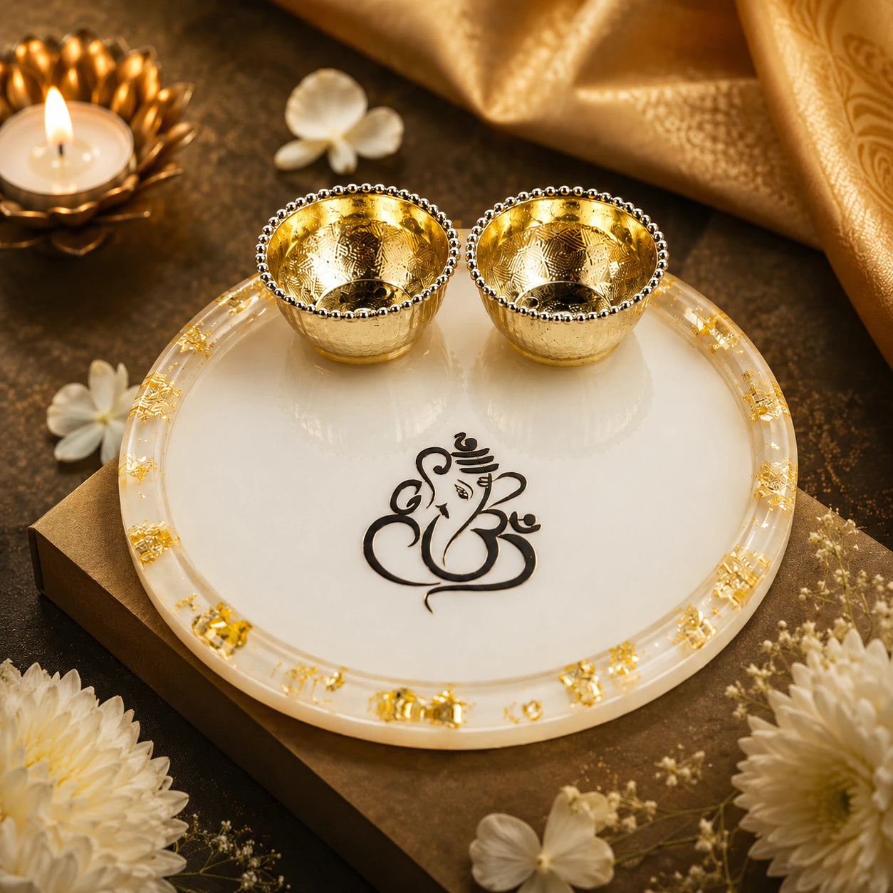 Handcrafted Resin Ganesh Puja Thali with Gold Flakes and Metallic Gold Sticker – Decorative Thali for Diwali, Ganesh Chaturthi, Gifts & Daily Puja | 4"