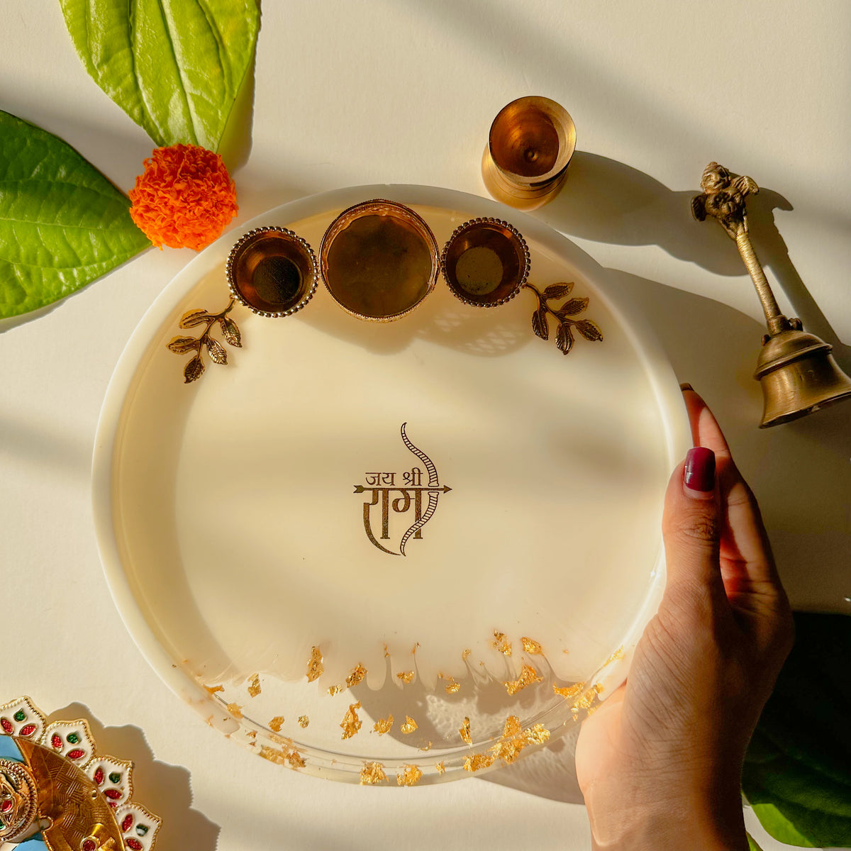 Handcrafted Resin Ramjii Puja Thali with Gold Flakes and Metallic Gold Sticker – Decorative Thali for Festivals,Ram Navmi, Gifts & Daily Puja