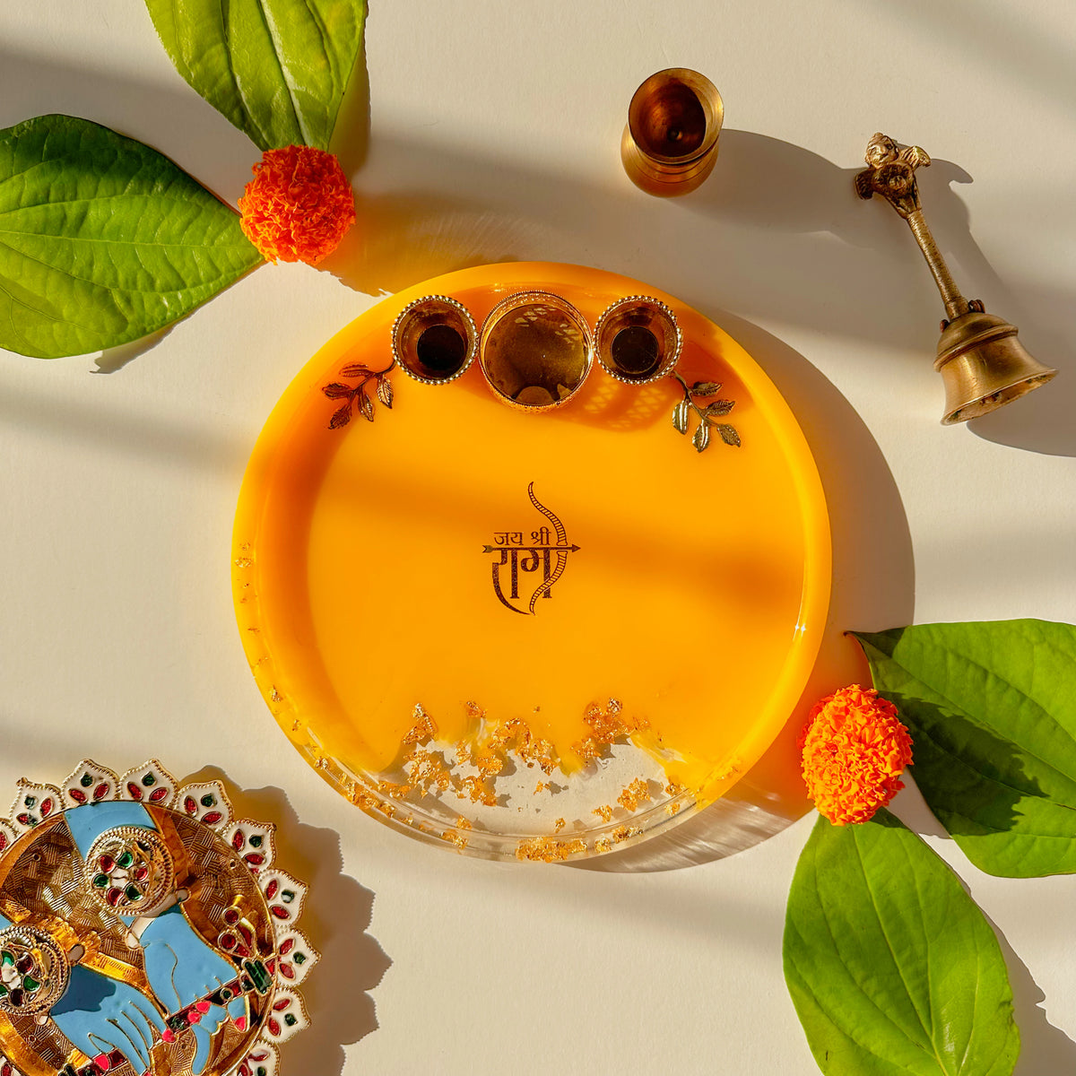 Handcrafted Resin Ramjii Puja Thali with Gold Flakes and Metallic Gold Sticker – Decorative Thali for Festivals,Ram Navmi, Gifts & Daily Puja