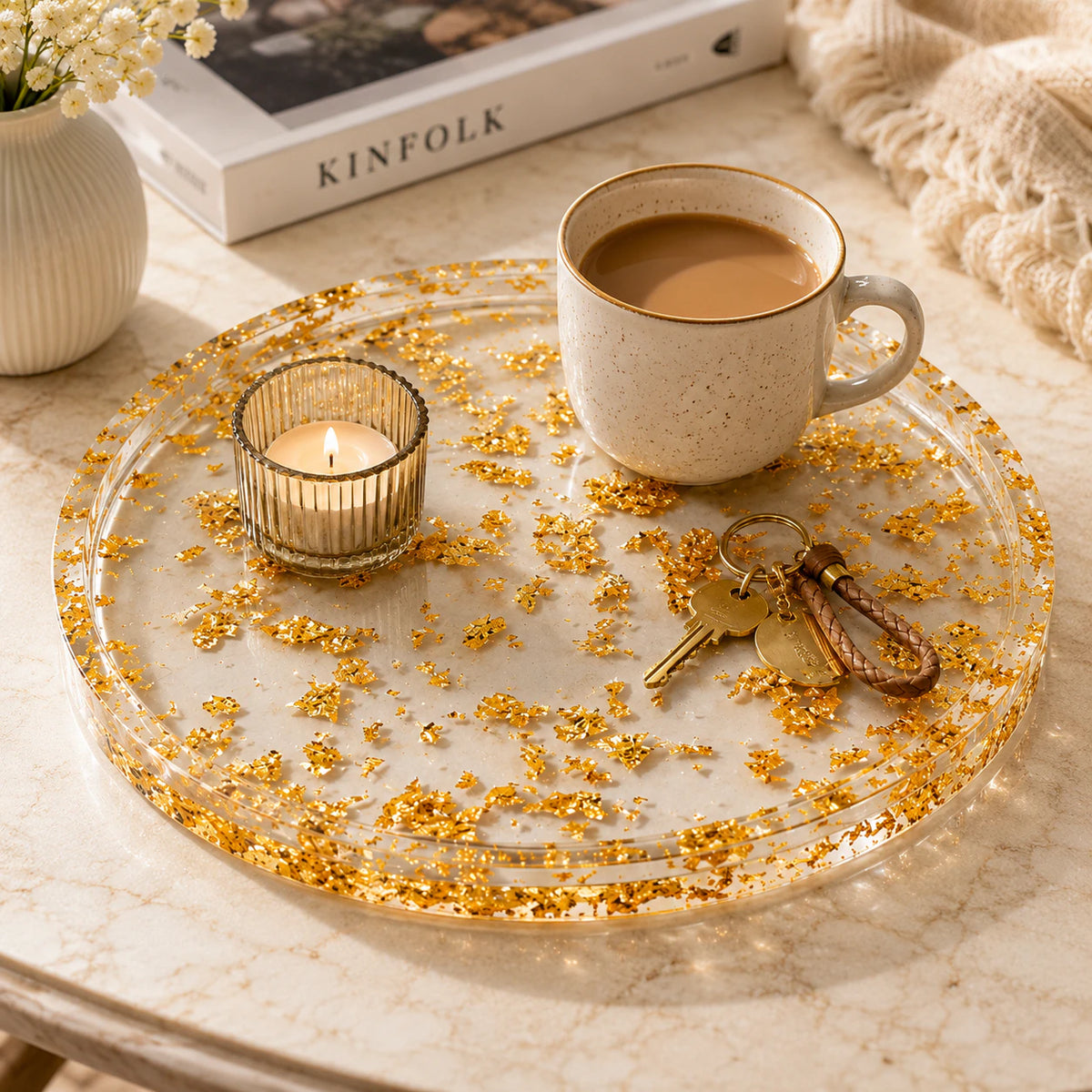 Handcrafted Resin Round Tray with Golden Flakes