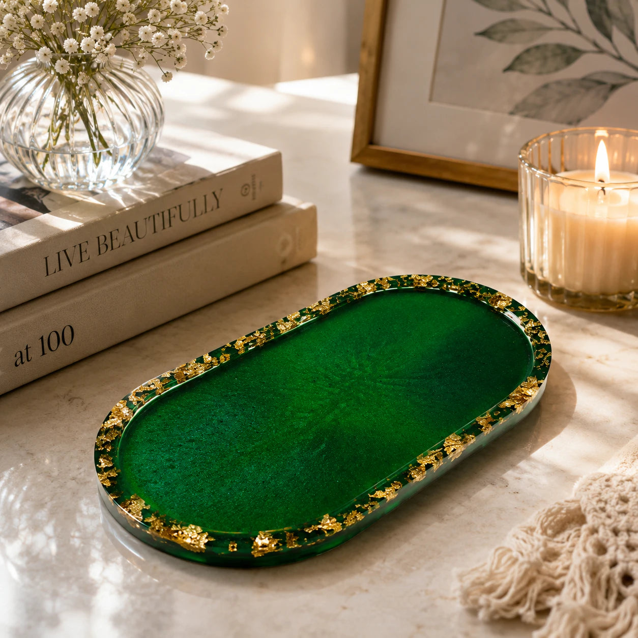 Handcrafted Resin Trinket Tray with Golden Flakes – for Rings, Earrings & Keys & Home Decor Accent