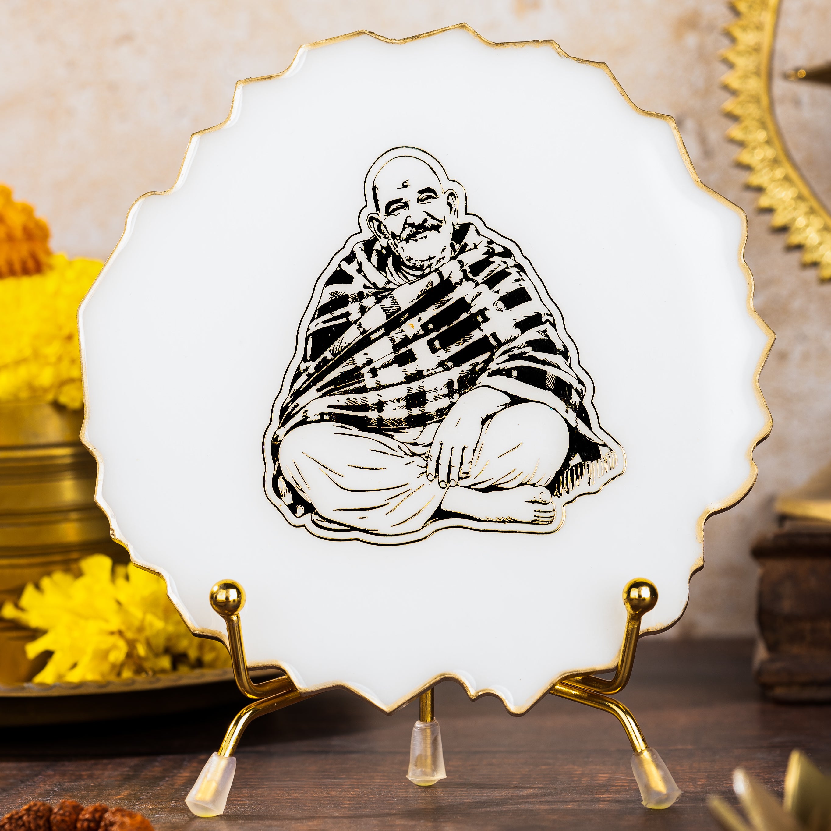 Handcrafted Resin Neem Karoli baba  Metal Stand with Metallic Gold Sticker