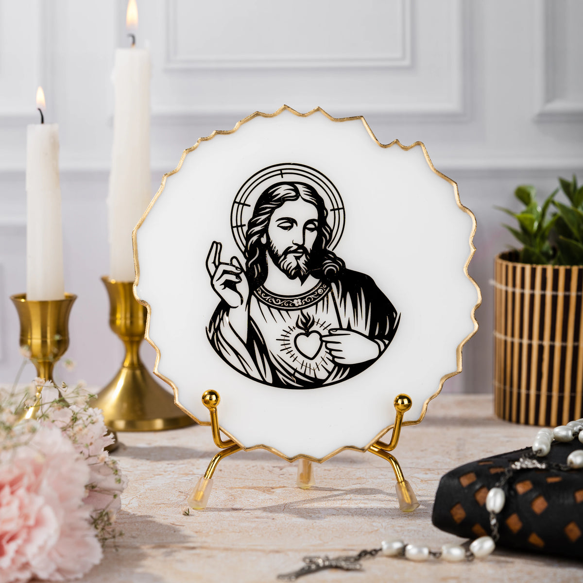 Handcrafted Resin Jesus Christ Metal Stand with Metallic Gold Sticker