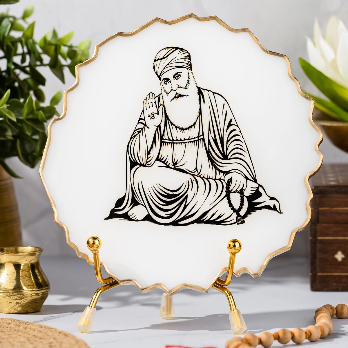 Handcrafted Resin Guru Nanak Metal Stand with Metallic Gold Sticker