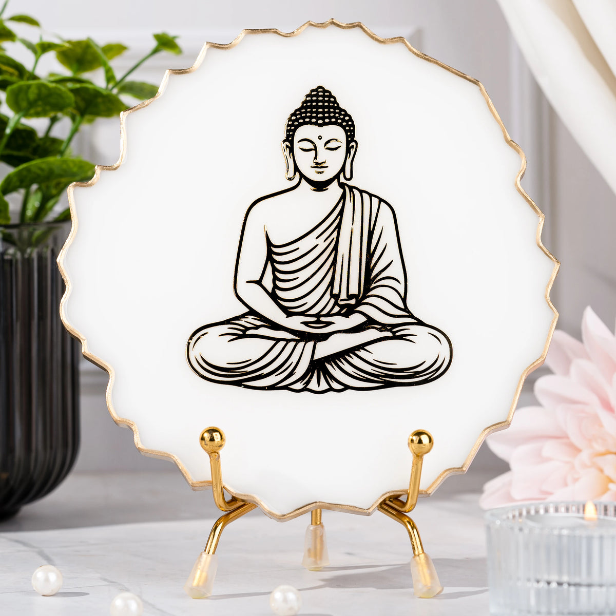 Handcrafted Resin Buddha Metal Stand with Metallic Gold Sticker
