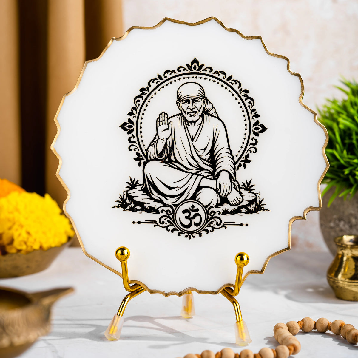 Handcrafted Resin Sai Baba Metal Stand with Metallic Gold Sticker