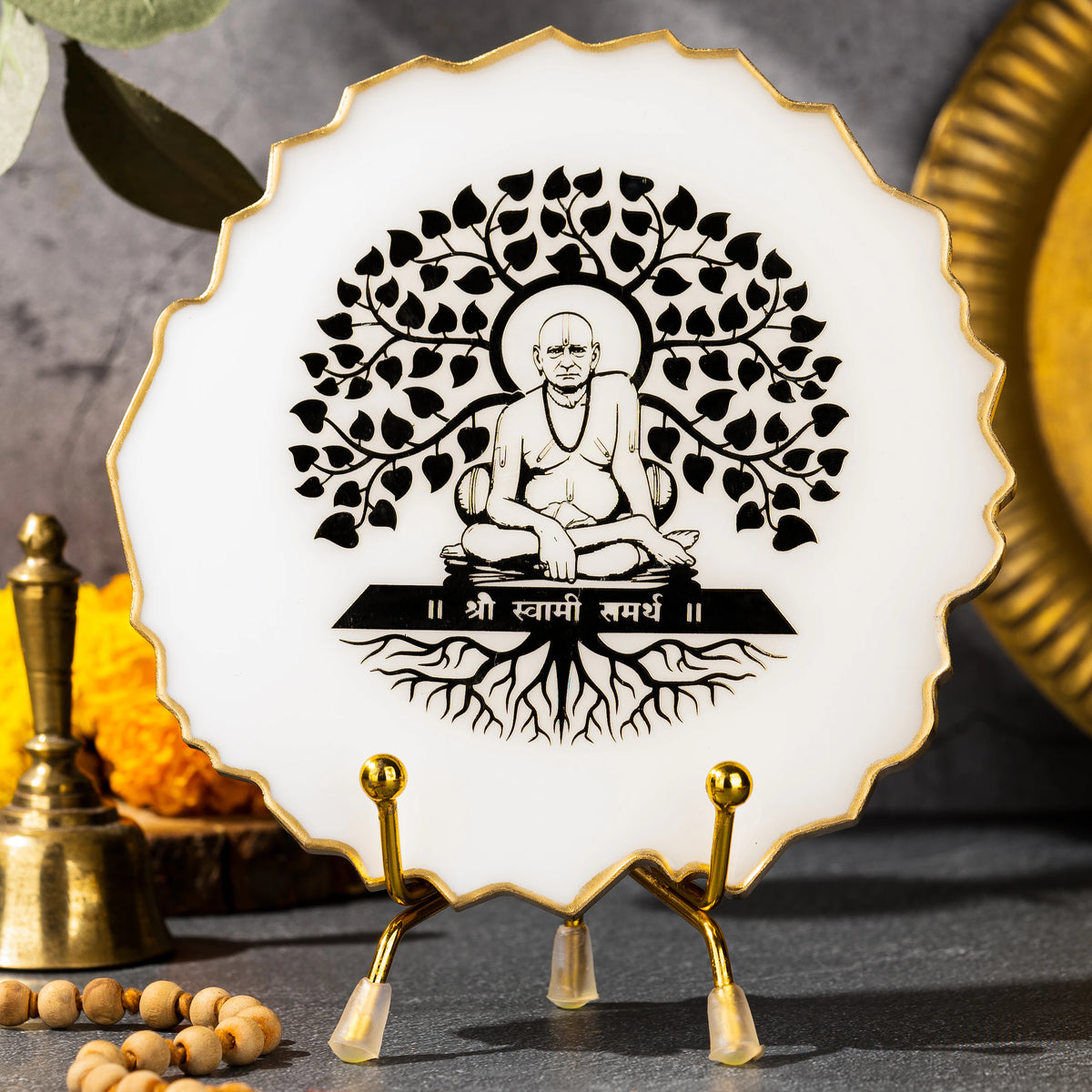Handcrafted Resin Swami Samarth Metal Stand with Metallic Gold Sticker