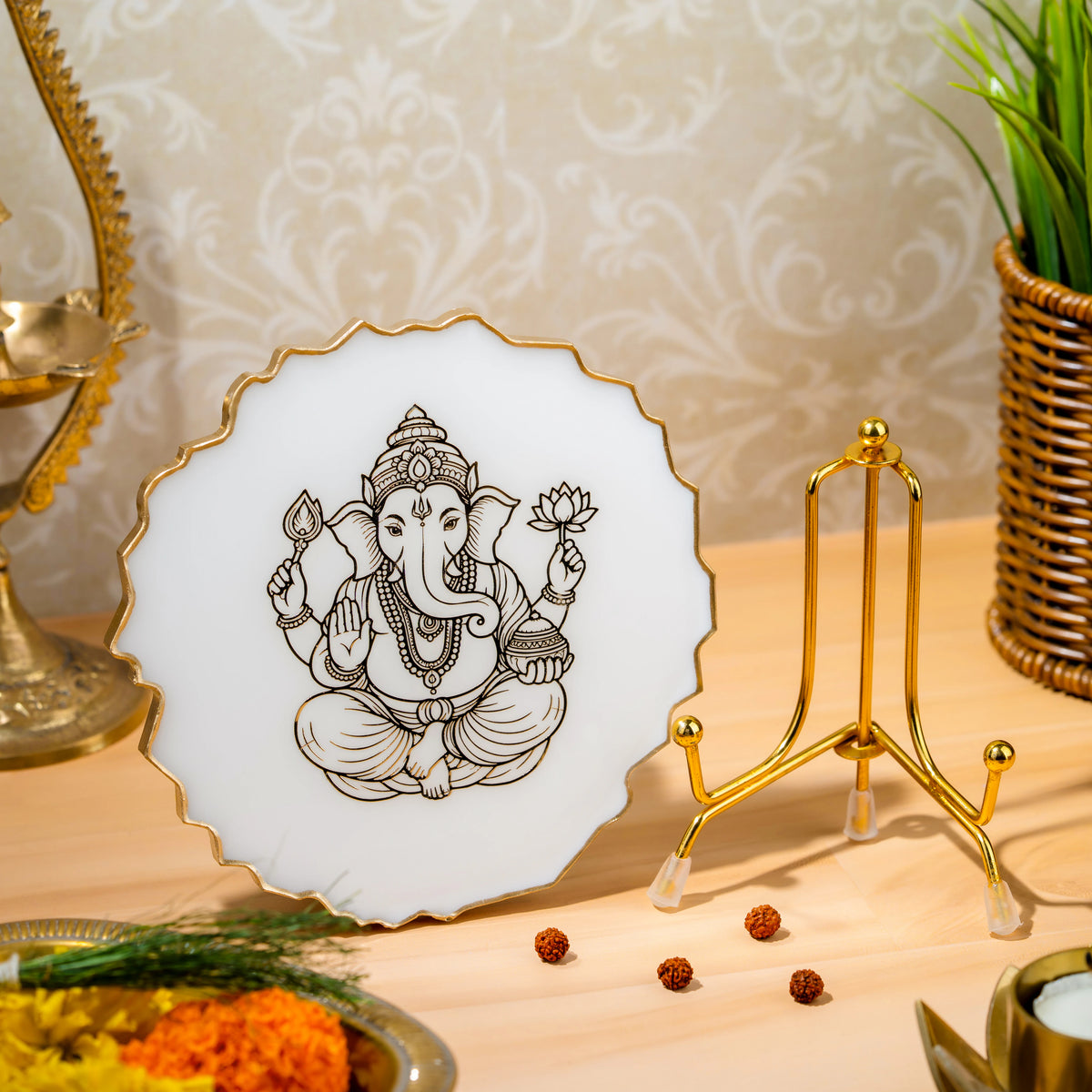 Handcrafted Resin Ganpati Metal Stand with Metallic Gold Sticker