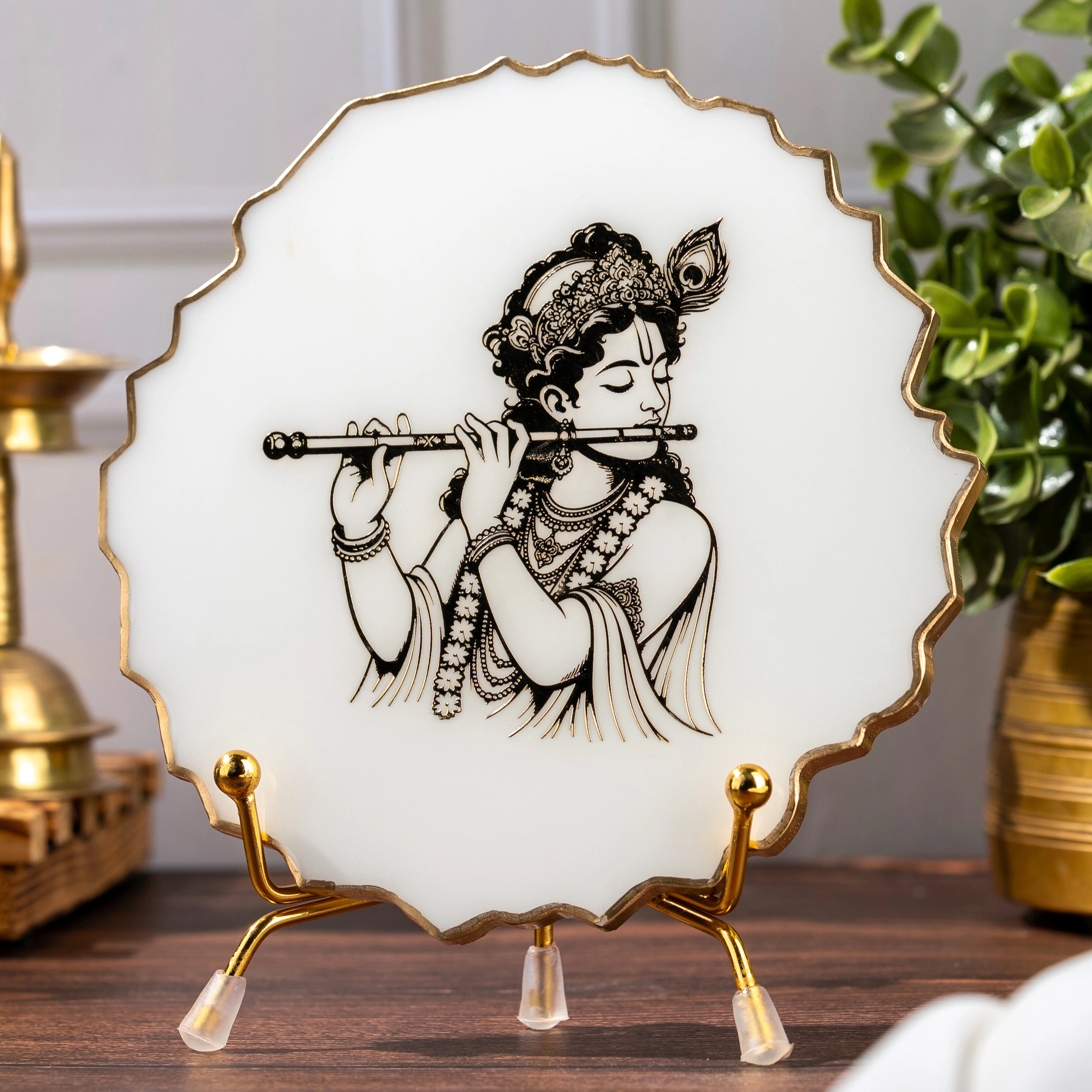 Handcrafted Resin Hare Krishna Metal Stand with Metallic Gold Sticker