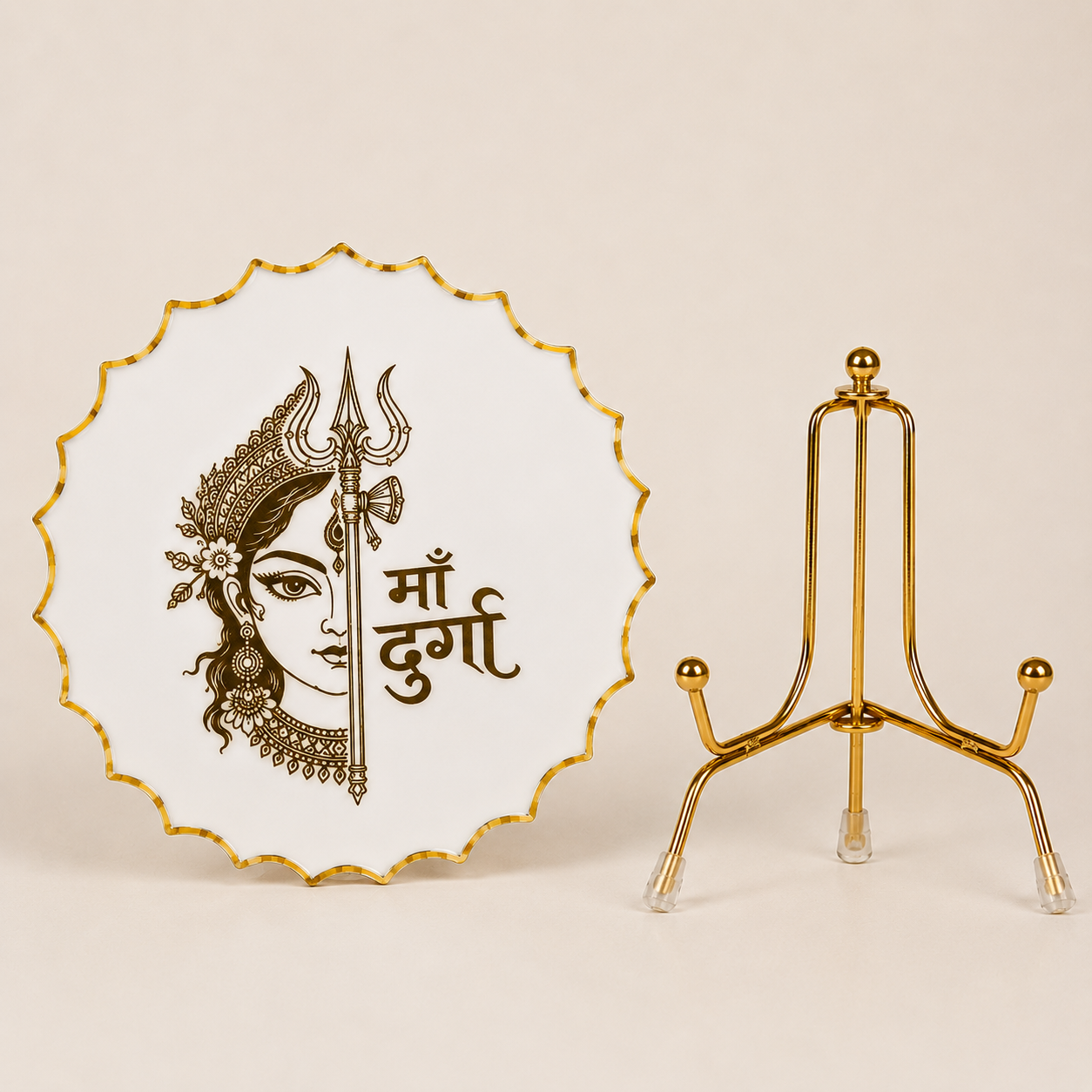 Handcrafted Resin Durga Ma Metal Stand with Metallic Gold Sticker