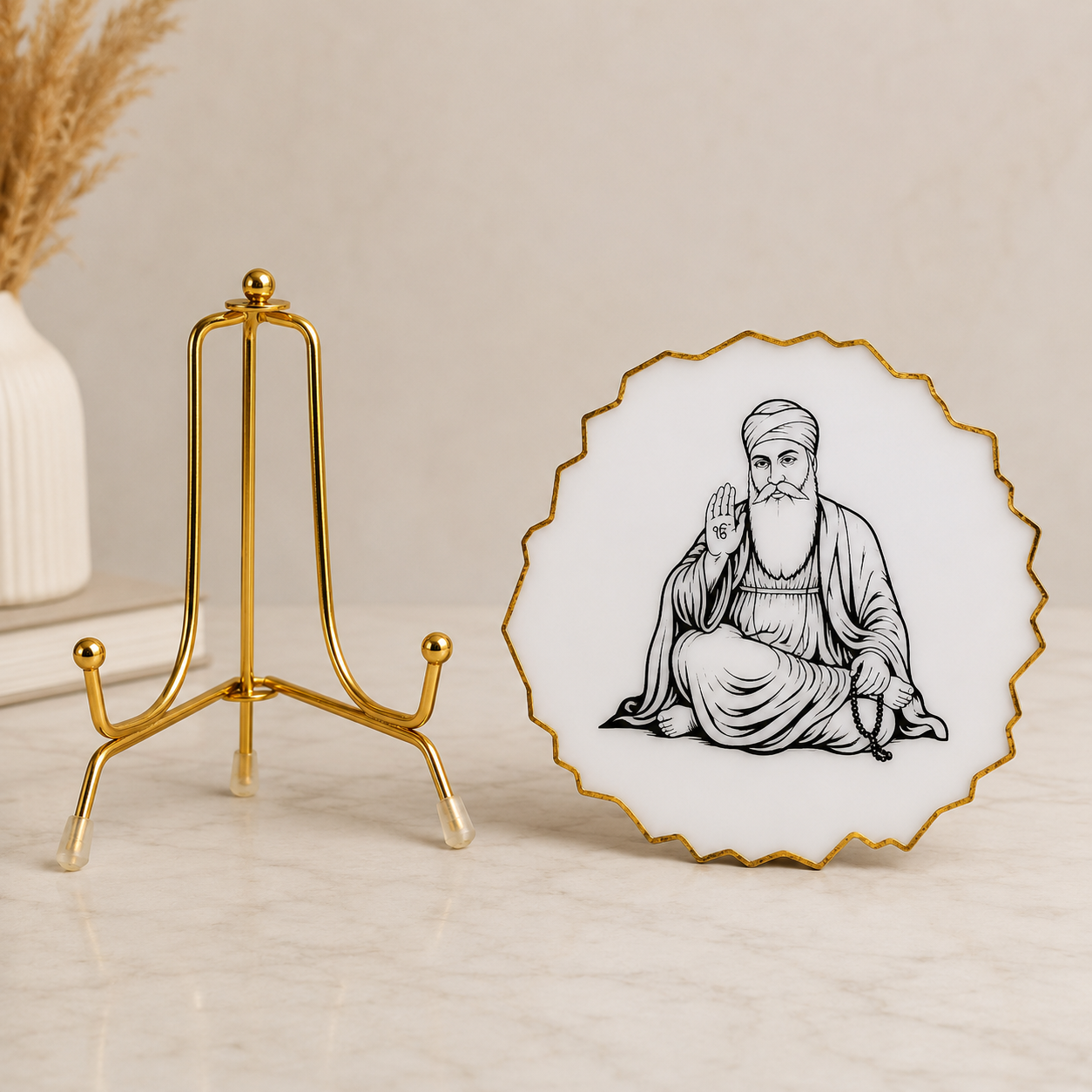 Handcrafted Resin Guru Nanak Metal Stand with Metallic Gold Sticker
