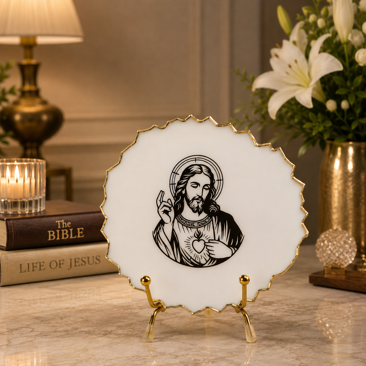 Handcrafted Resin Jesus Christ Metal Stand with Metallic Gold Sticker