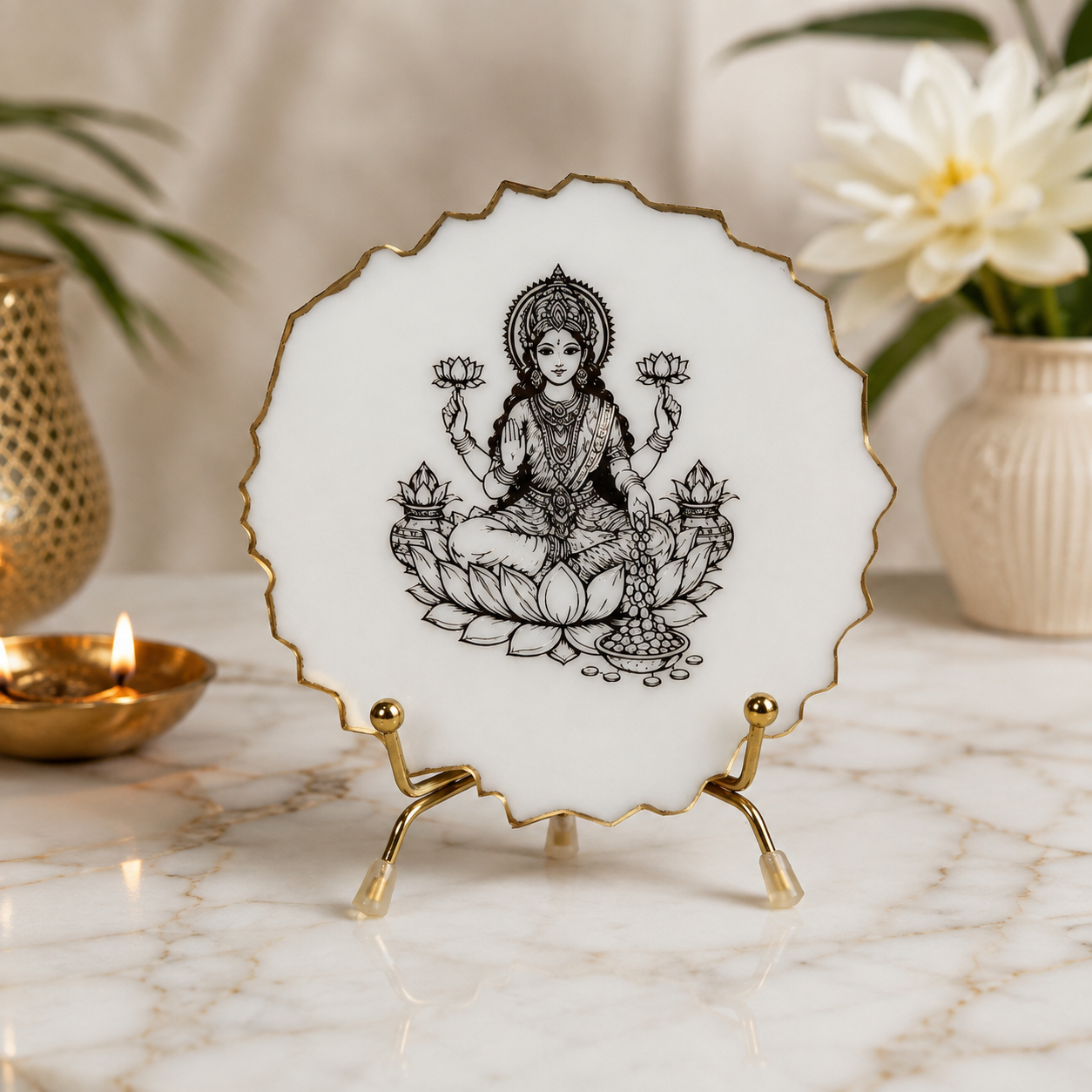 Handcrafted Resin Laxmi Mata Metal Stand with Metallic Gold Sticker