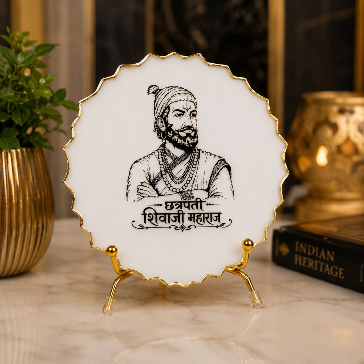 Handcrafted Resin Shivaji Maharaj Metal Stand with Metallic Gold Sticker