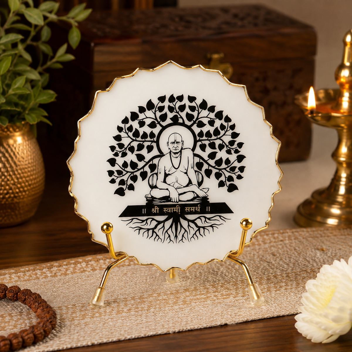 Handcrafted Resin Swami Samarth Metal Stand with Metallic Gold Sticker