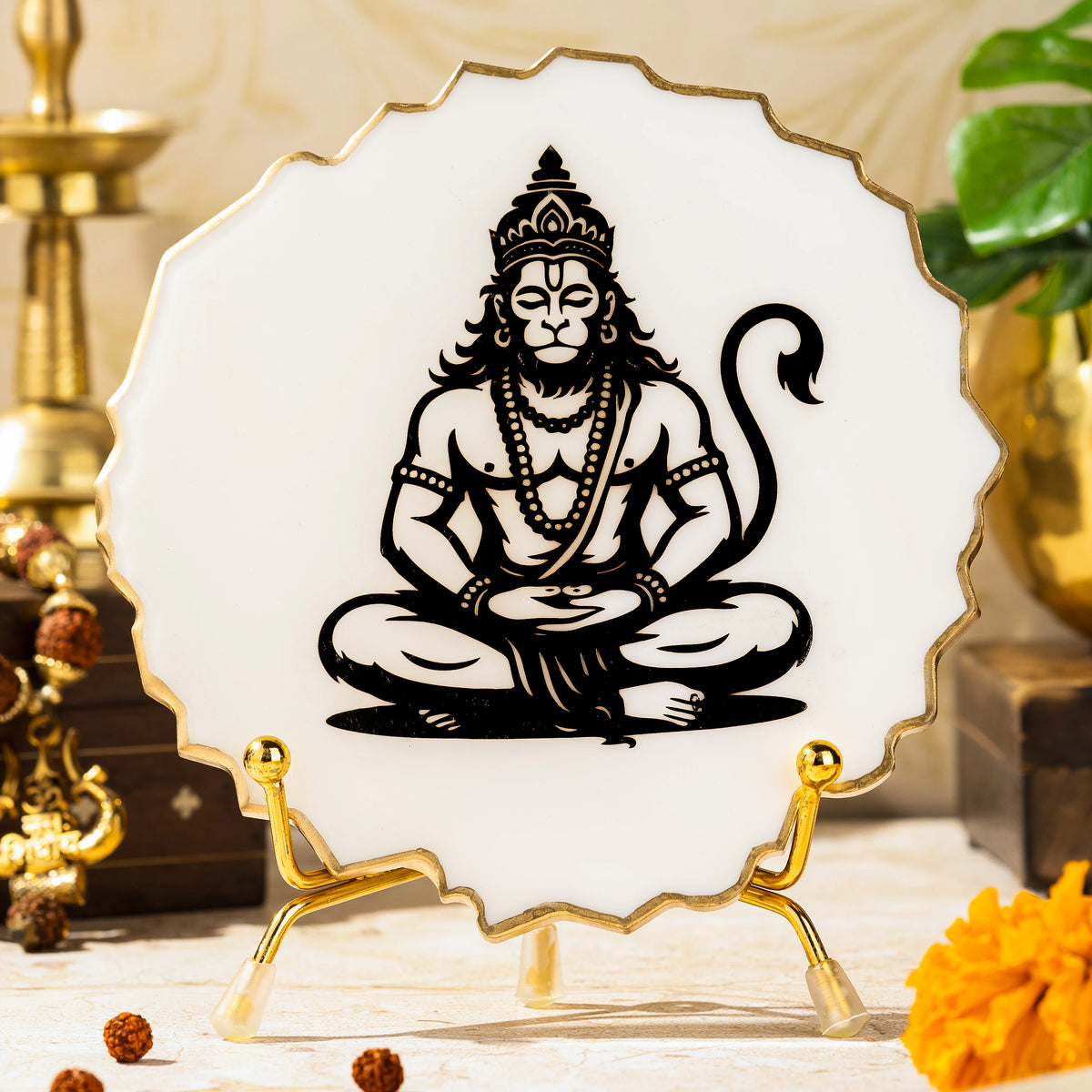 Handcrafted Resin Hanuman Ji Metal Stand with Metallic Gold Sticker