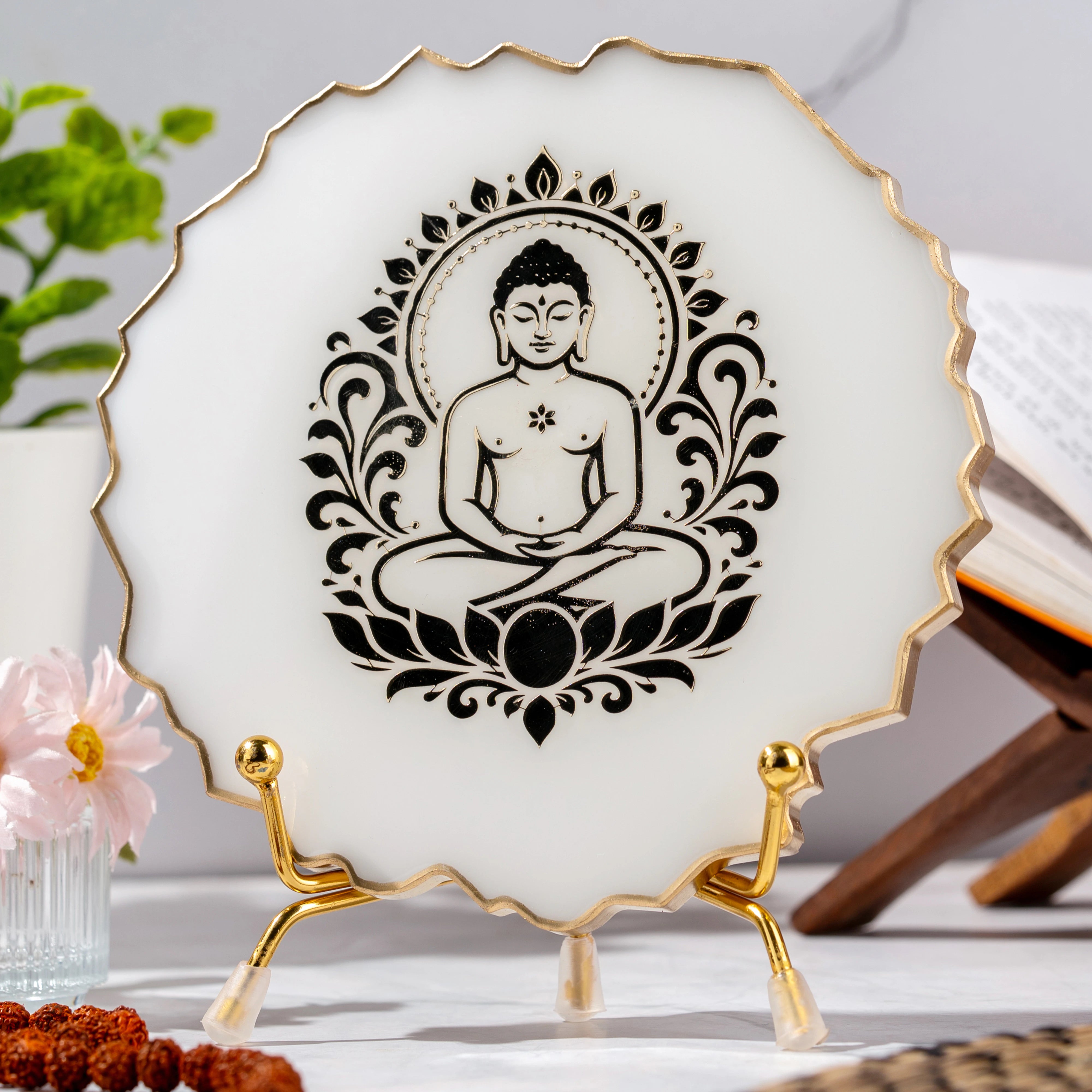 Handcrafted Resin Mahavir Swami Metal Stand with Metallic Gold Sticker