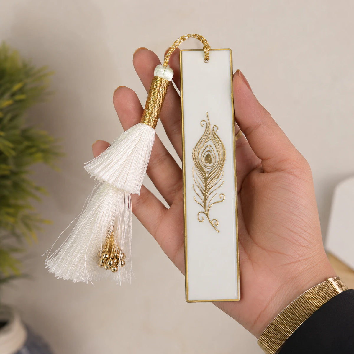 Handcrafted Resin Bookmark with Golden Border Metallic Peacock feather design