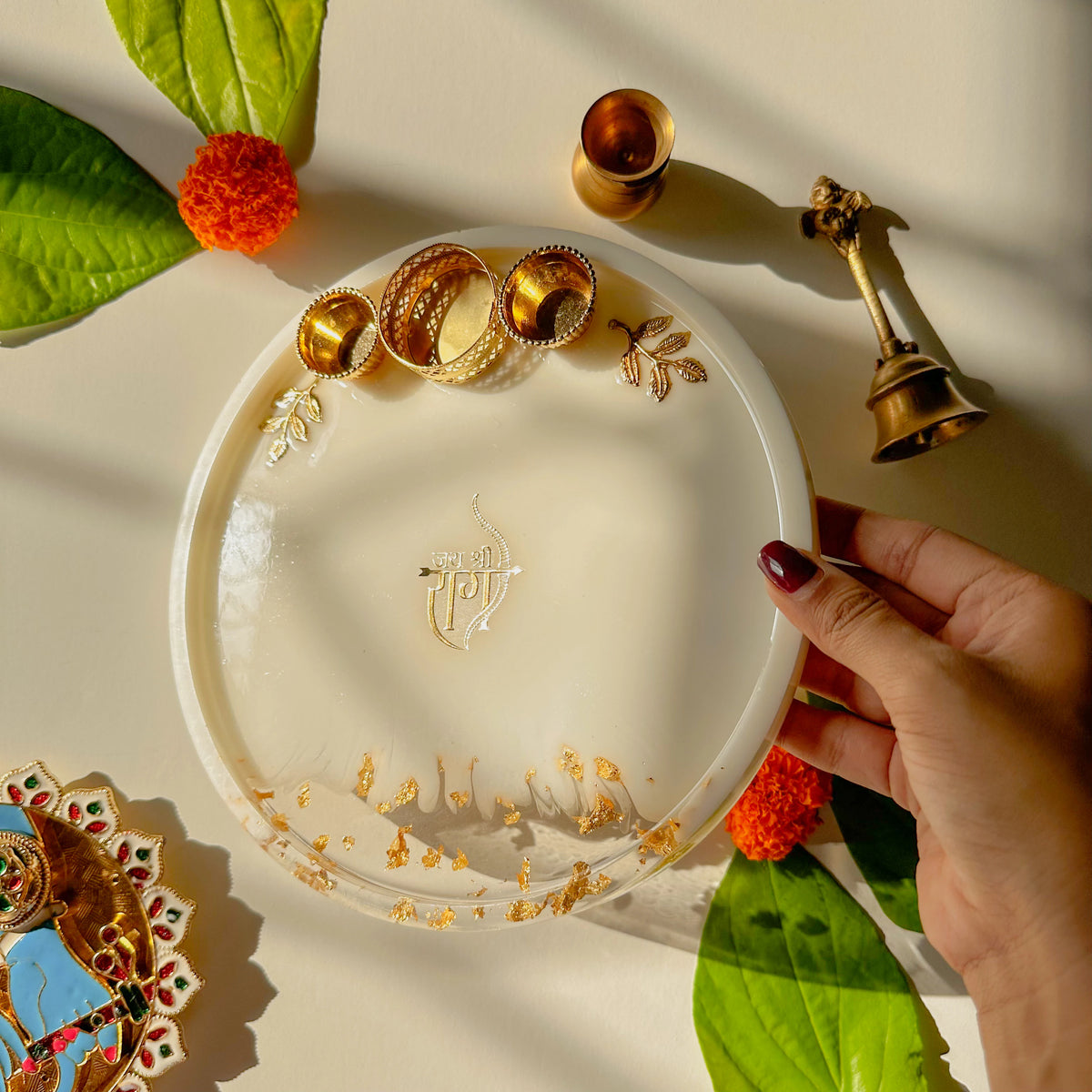 Handcrafted Resin Ramjii Puja Thali with Gold Flakes and Metallic Gold Sticker – Decorative Thali for Festivals,Ram Navmi, Gifts & Daily Puja