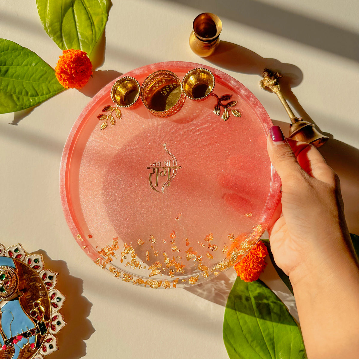 Handcrafted Resin Ramjii Puja Thali with Gold Flakes and Metallic Gold Sticker – Decorative Thali for Festivals,Ram Navmi, Gifts & Daily Puja