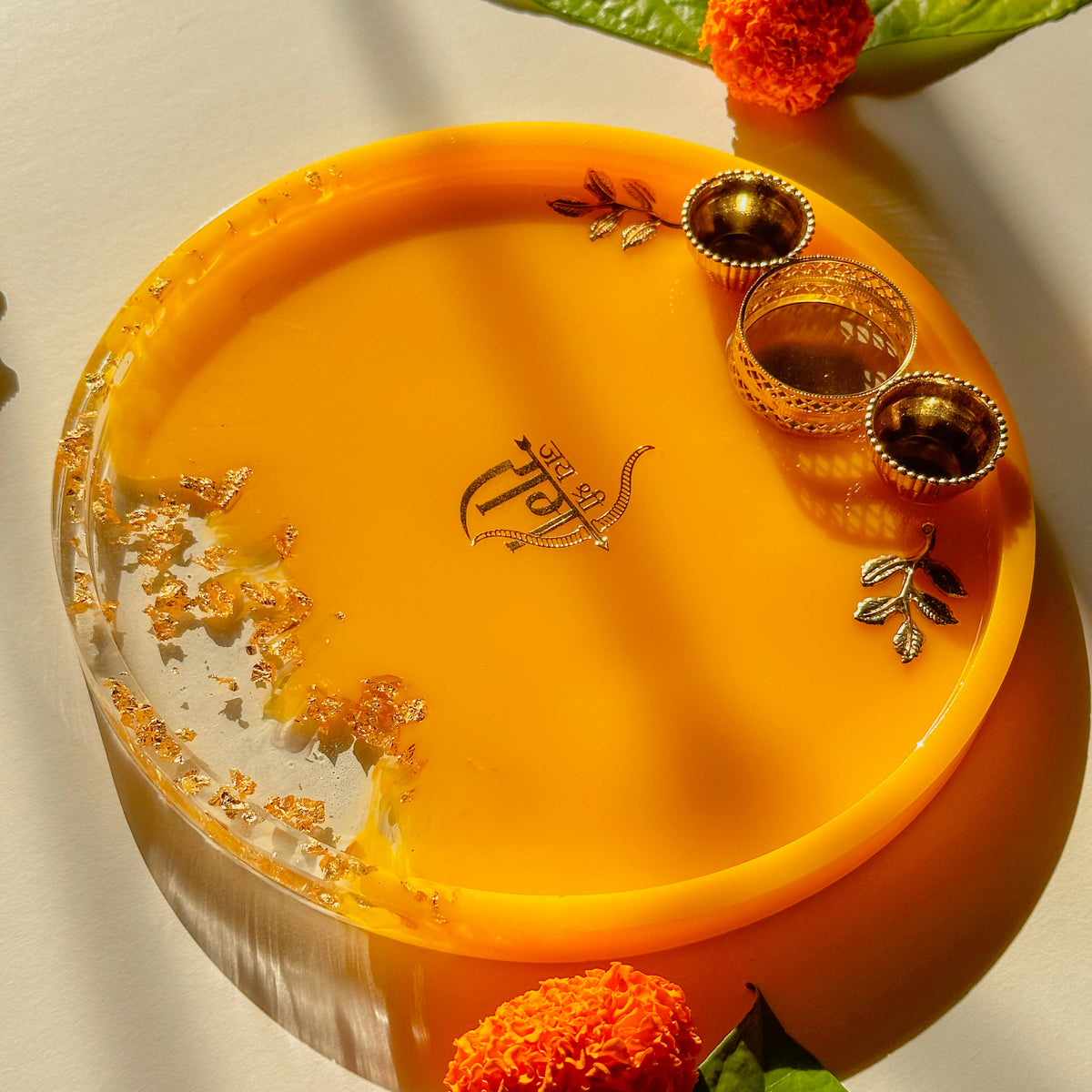 Handcrafted Resin Ramjii Puja Thali with Gold Flakes and Metallic Gold Sticker – Decorative Thali for Festivals,Ram Navmi, Gifts & Daily Puja
