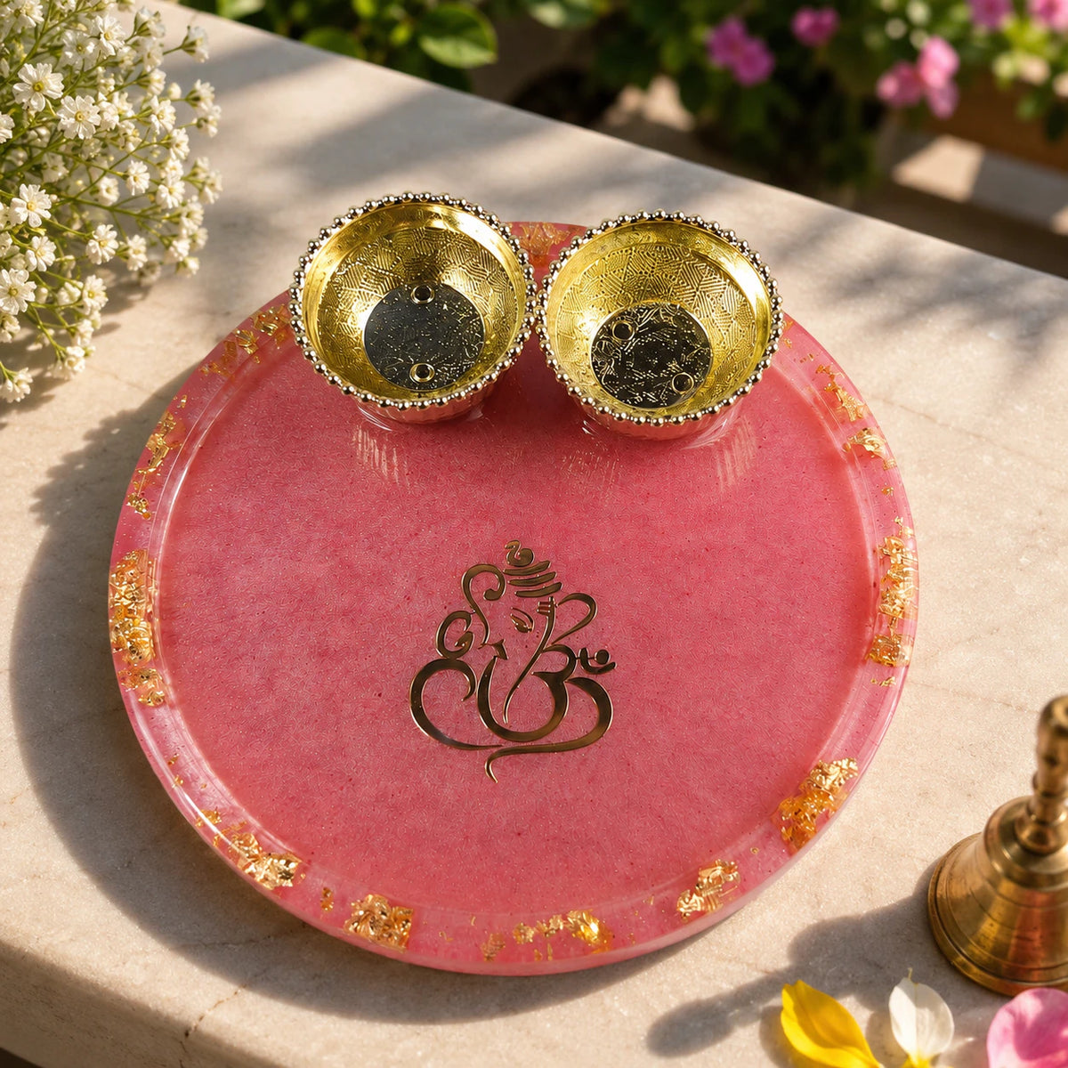 Handcrafted Resin Ganesh Puja Thali with Gold Flakes and Metallic Gold Sticker – Decorative Thali for Diwali, Ganesh Chaturthi, Gifts & Daily Puja | 4"