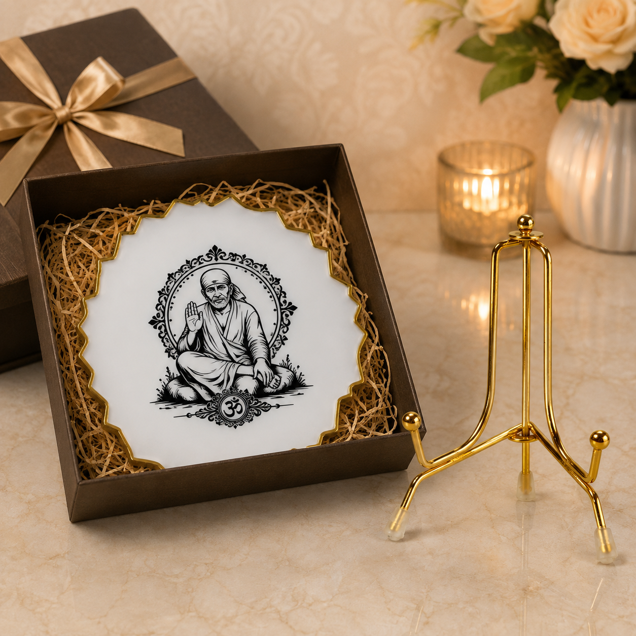 Handcrafted Resin Sai Baba Metal Stand with Metallic Gold Sticker