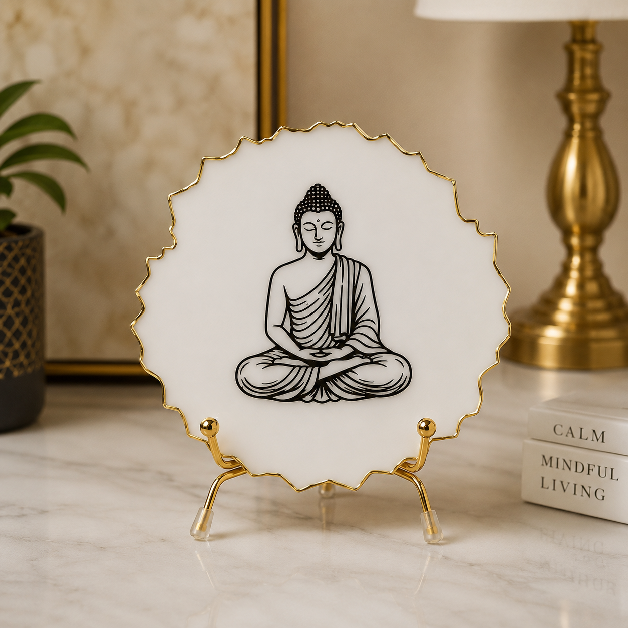 Handcrafted Resin Buddha Metal Stand with Metallic Gold Sticker