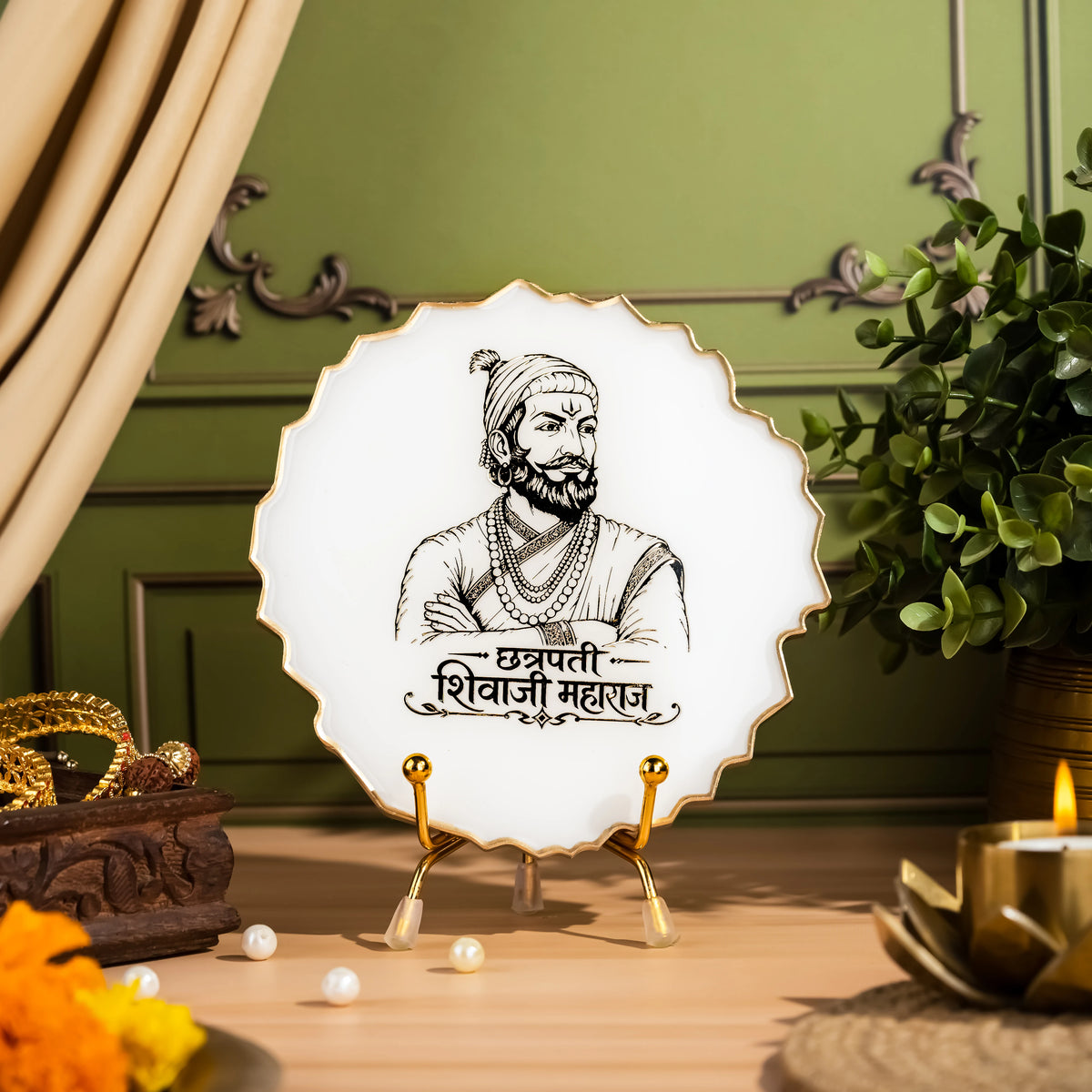 Handcrafted Resin Shivaji Maharaj Metal Stand with Metallic Gold Sticker