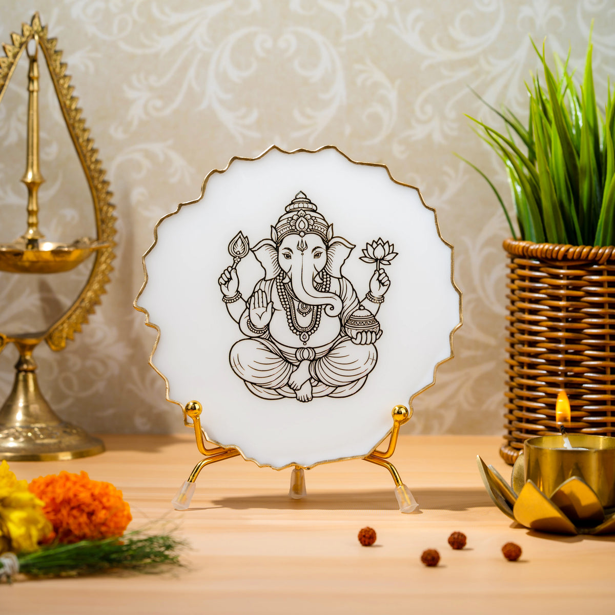 Handcrafted Resin Ganpati Metal Stand with Metallic Gold Sticker