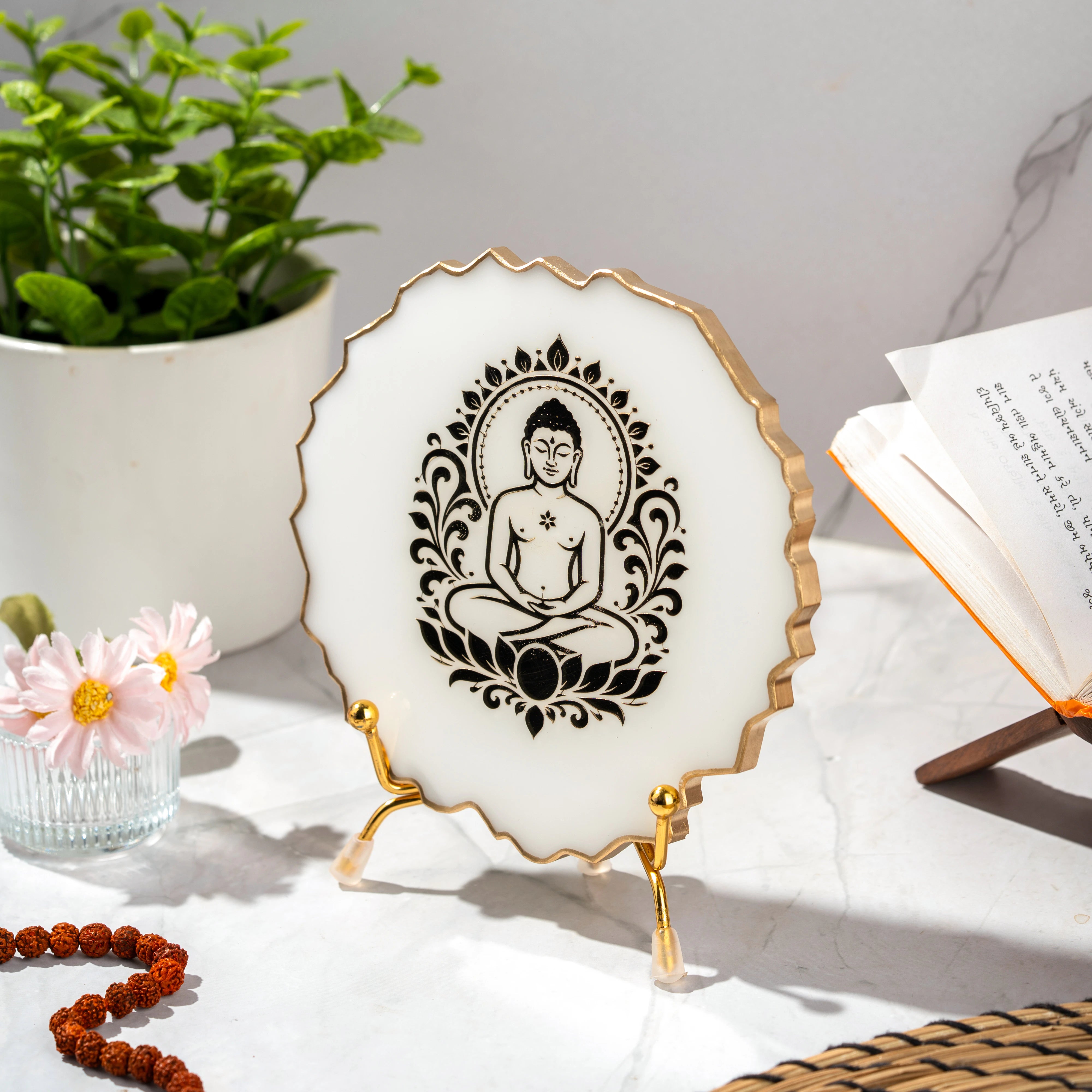 Handcrafted Resin Mahavir Swami Metal Stand with Metallic Gold Sticker