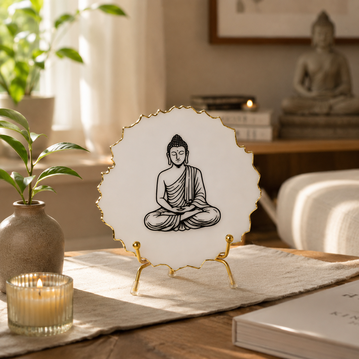 Handcrafted Resin Buddha Metal Stand with Metallic Gold Sticker