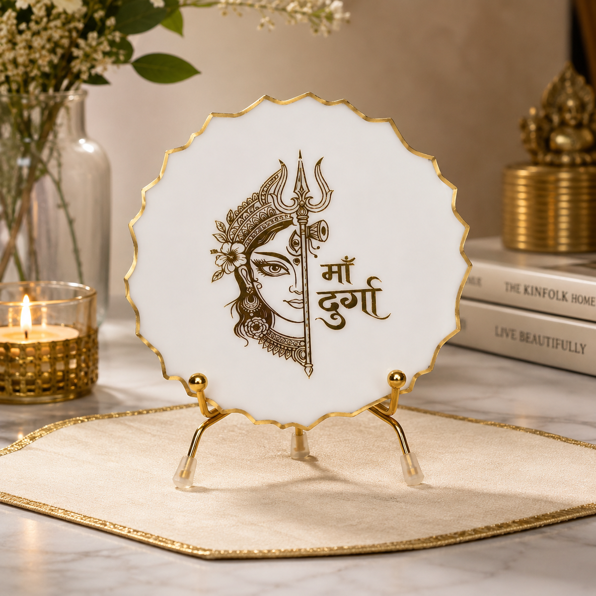 Handcrafted Resin Durga Ma Metal Stand with Metallic Gold Sticker